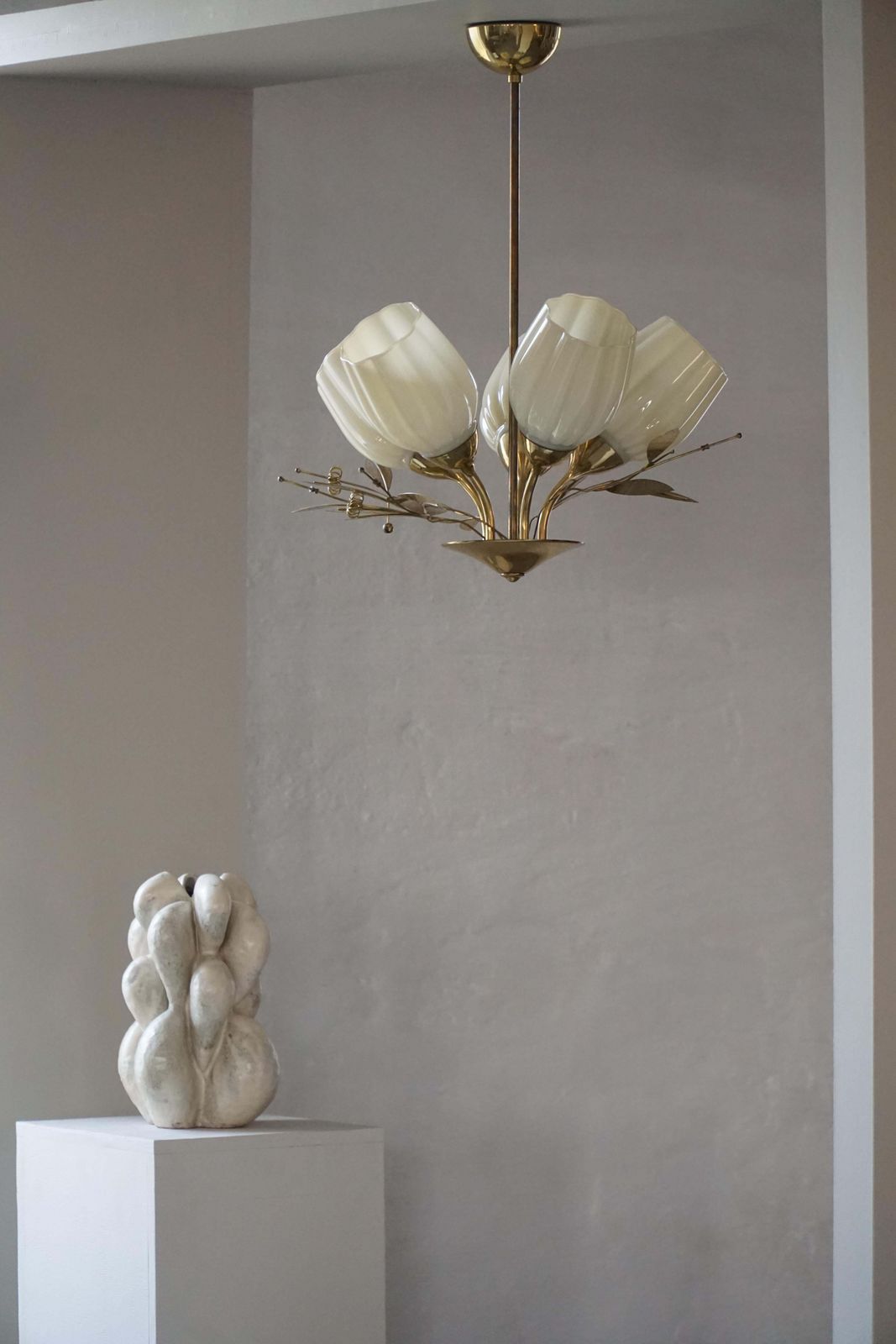 Mid Century Modern, Five Light Ceiling Lamp, Opaline Glass Shades, Itsu, Finland photo 5174.0