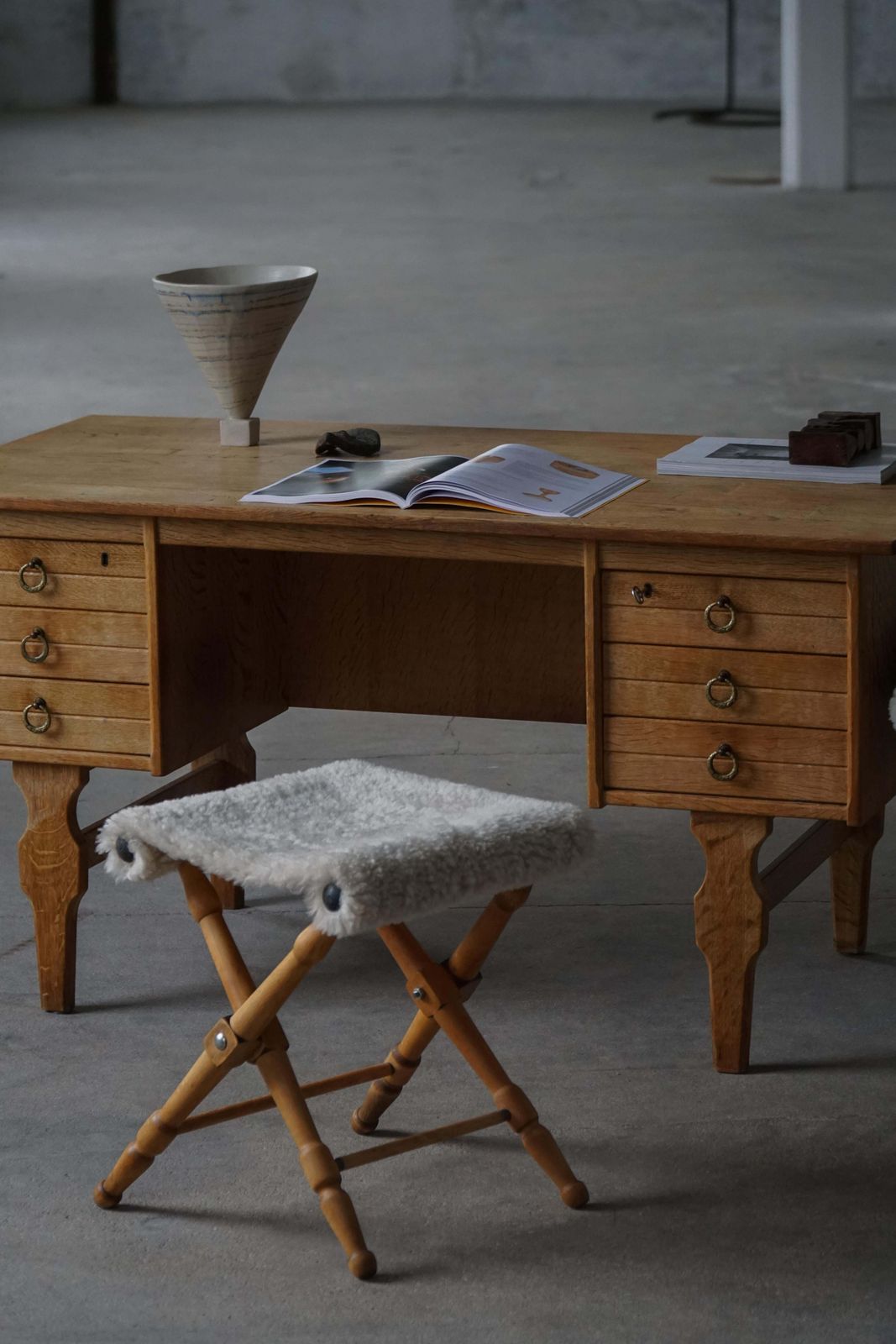 Pair Of Danish Mid Century Modern Folding Stools With Sheepskin Upholstery, 1960 photo furniture
