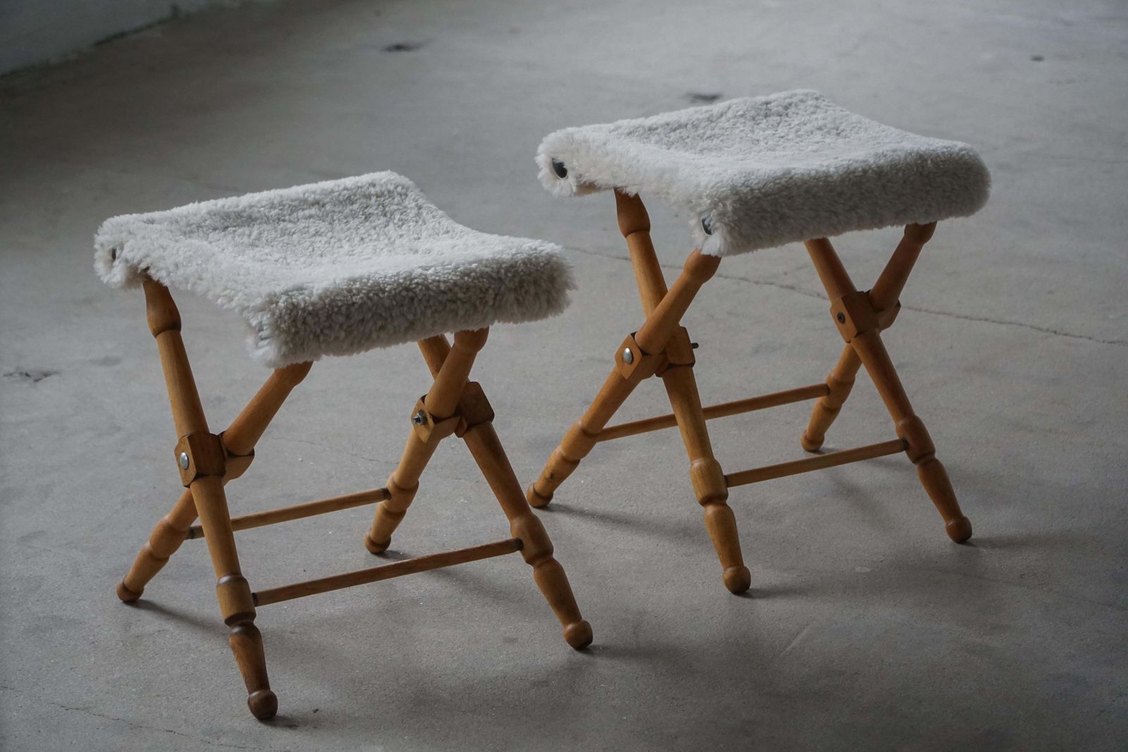 photo for sale Pair Of Danish Mid Century Modern Folding Stools With Sheepskin Upholstery, 1960