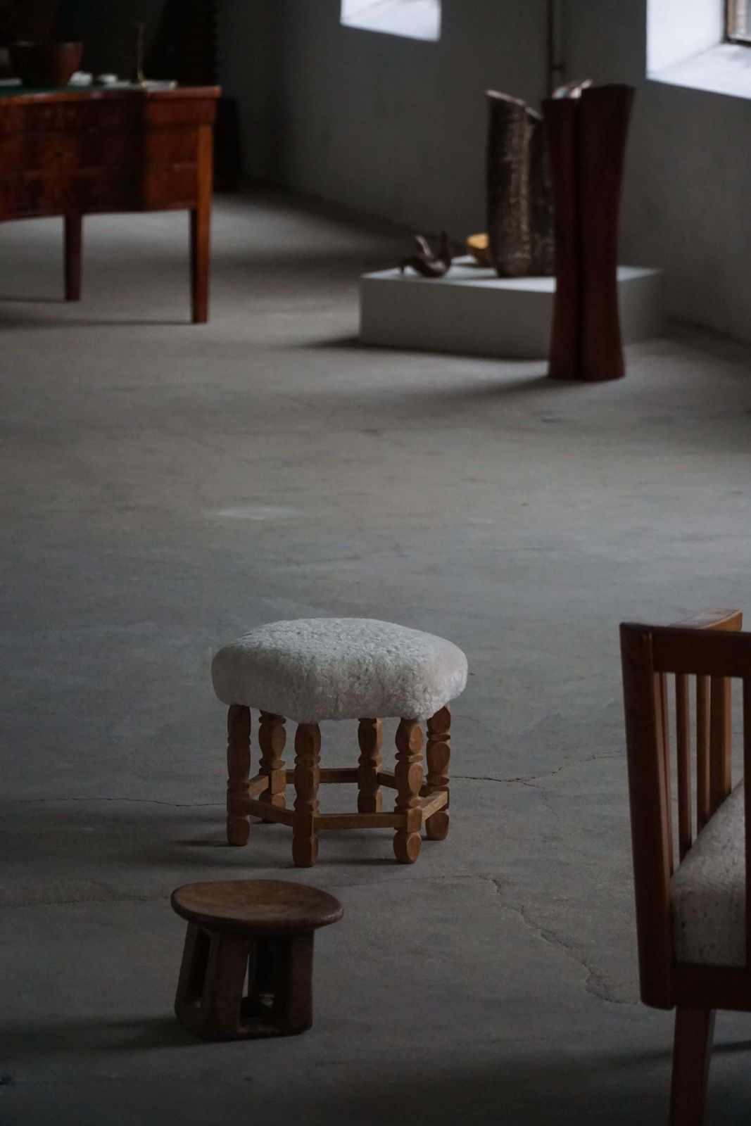 photo furniture Mid Century Danish Hexagonal Oak Stool With Shearling Lambswool Upholstery, 1950