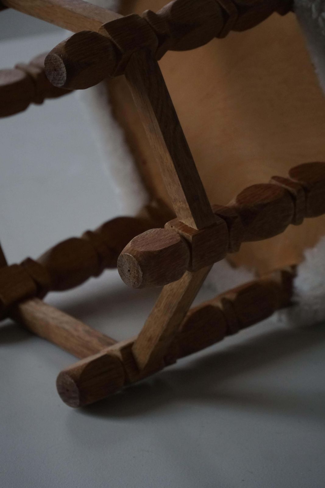 Furniture Mid Century Danish Hexagonal Oak Stool With Shearling Lambswool Upholstery, 1950 photo