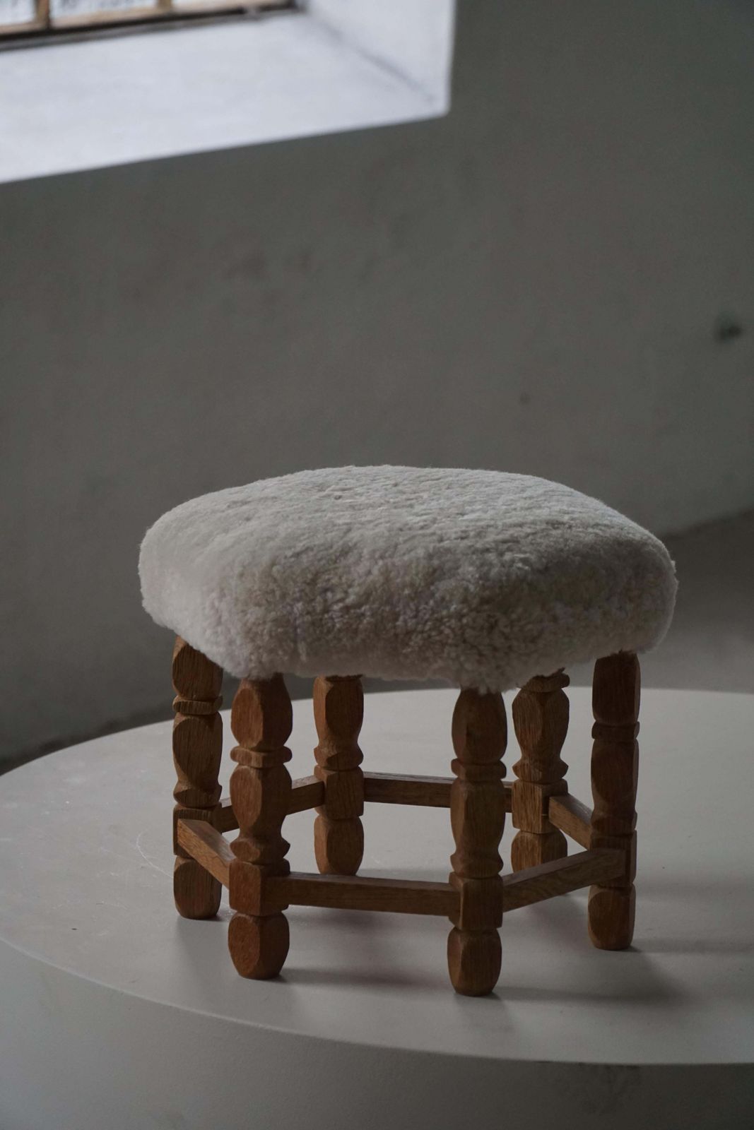 507.0 Mid Century Danish Hexagonal Oak Stool With Shearling Lambswool Upholstery, 1950 photo