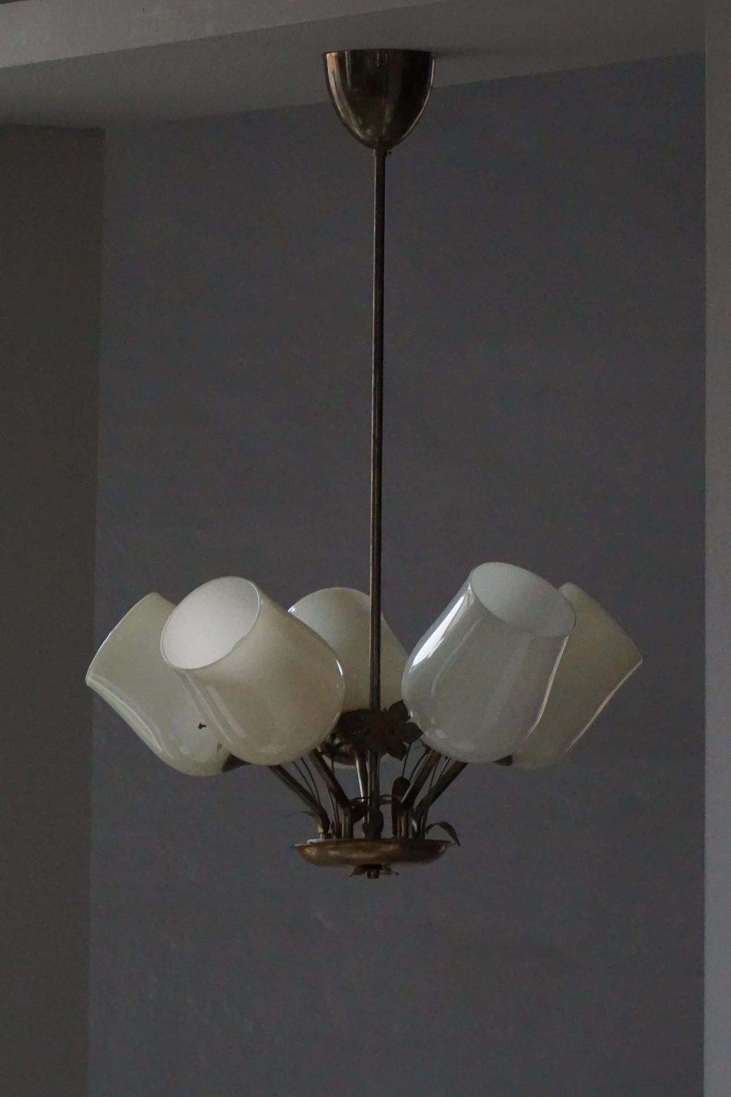 Lighting 5 Arm Chandelier In Brass & Glass By Paavo Tynell For Idman Oy Finland, 1940s photo