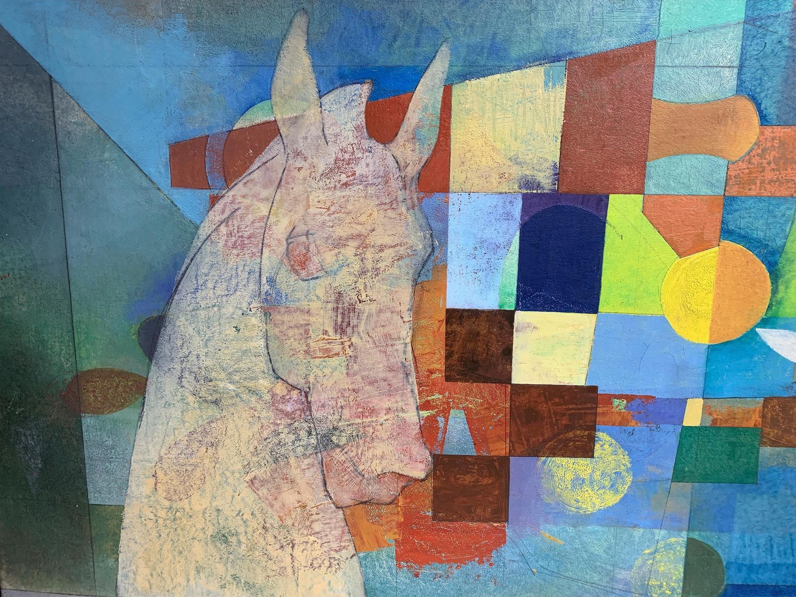 Late Mid Century Geometric Abstraction Painting Of A Horse Signed "J. Vilagon" photo vintage