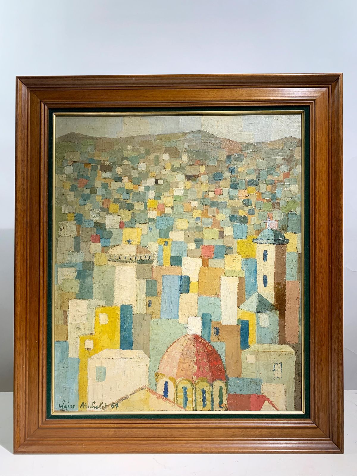 Mid Century Modern Landscape Of A Mediterranean Hillside City Painting, Signed photo furniture