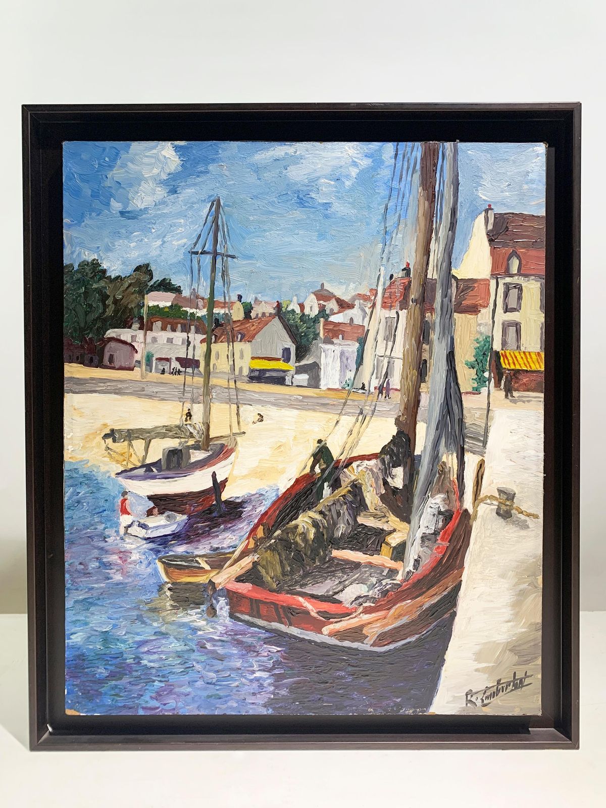 Mid 20th Century French Impressionist Style Harbor Scene Painting, Signed photo furniture
