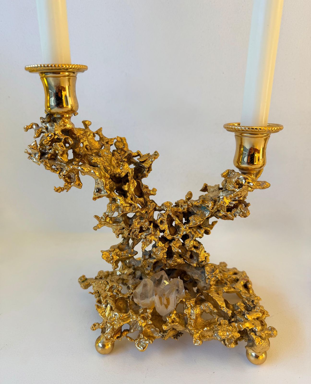 Pair Of Gilt Bronze And Quartz Candlesticks By Boeltz, France, 1970s photo 7553.0