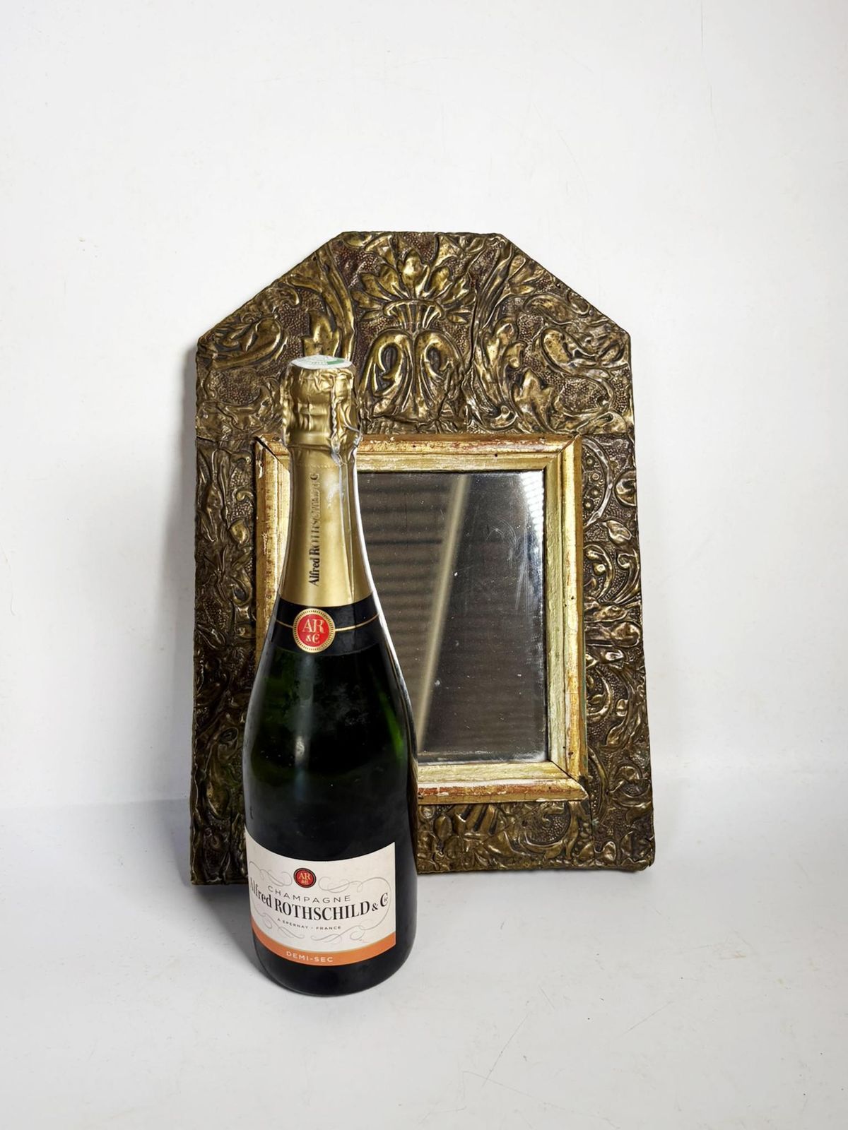 Small Patinated Mirror, Gilded Metal And Wood, France, 1970 photo for sale