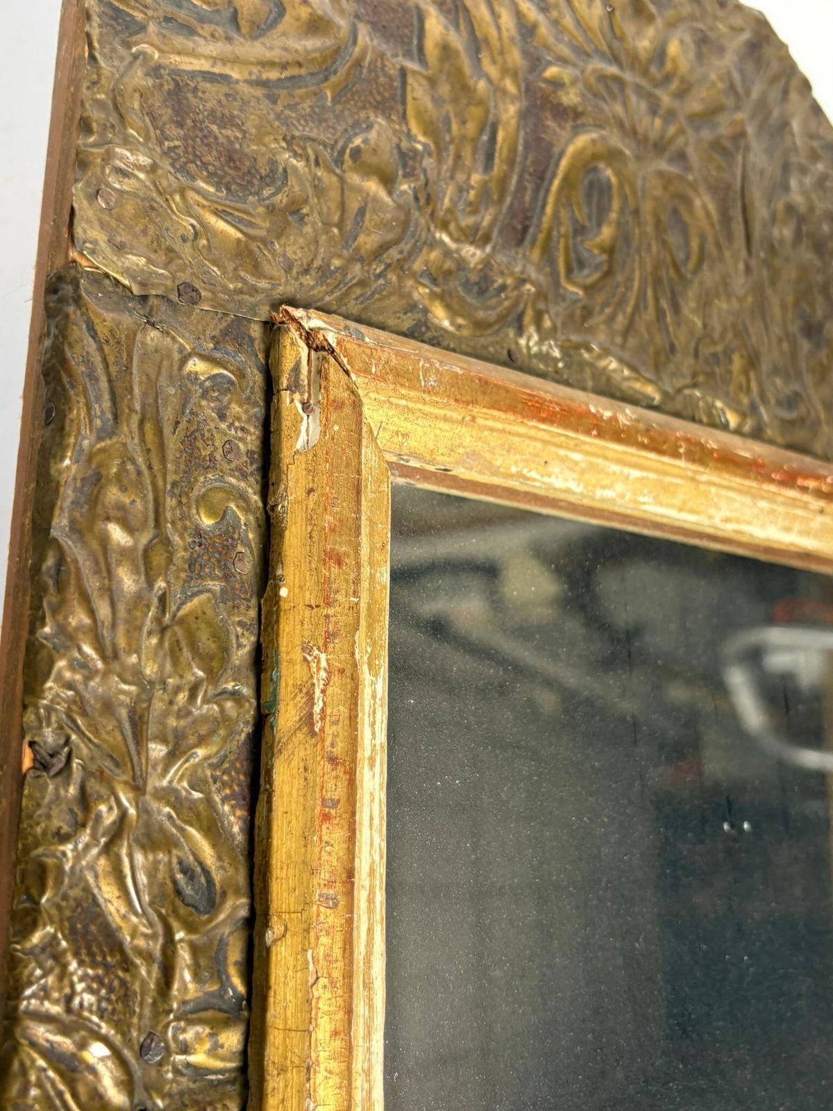 photo for sale Small Patinated Mirror, Gilded Metal And Wood, France, 1970
