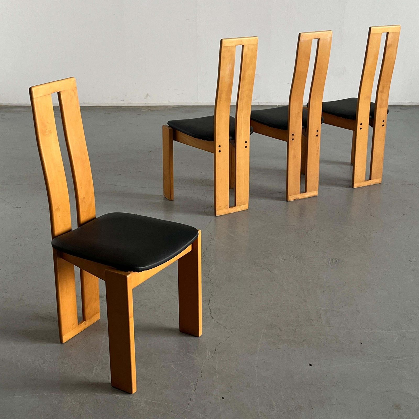 Set Of Four High Back Dining Chairs In Beechwood And Black Faux Leather, 1970s photo furniture