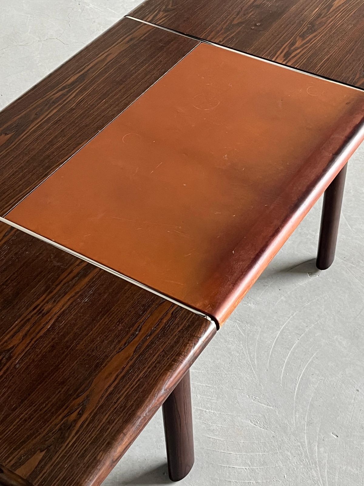 photo furniture Large Vintage Mid Century Office Table In Palisander, Cognac Leather And Steel