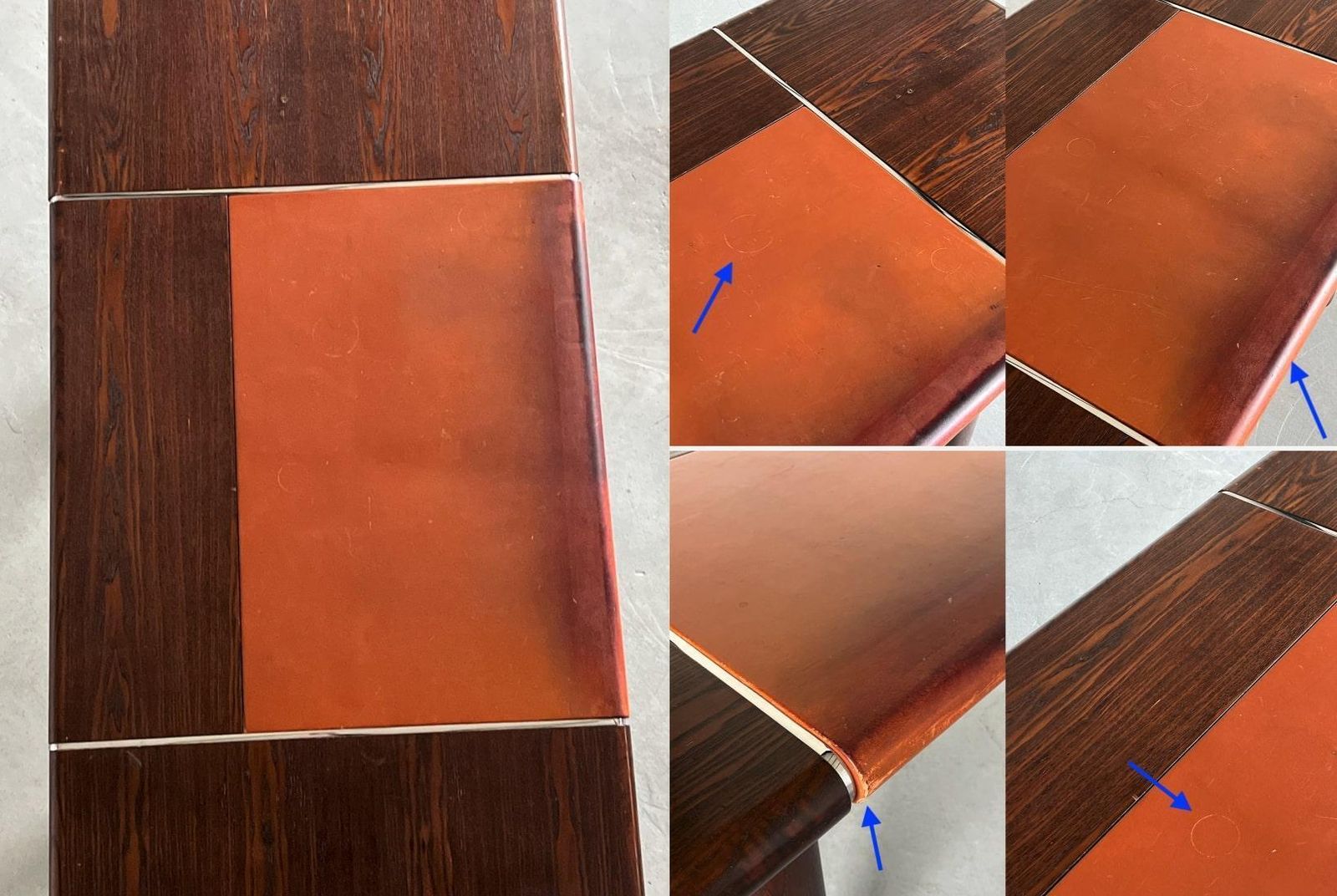 photo vinterior Large Vintage Mid Century Office Table In Palisander, Cognac Leather And Steel