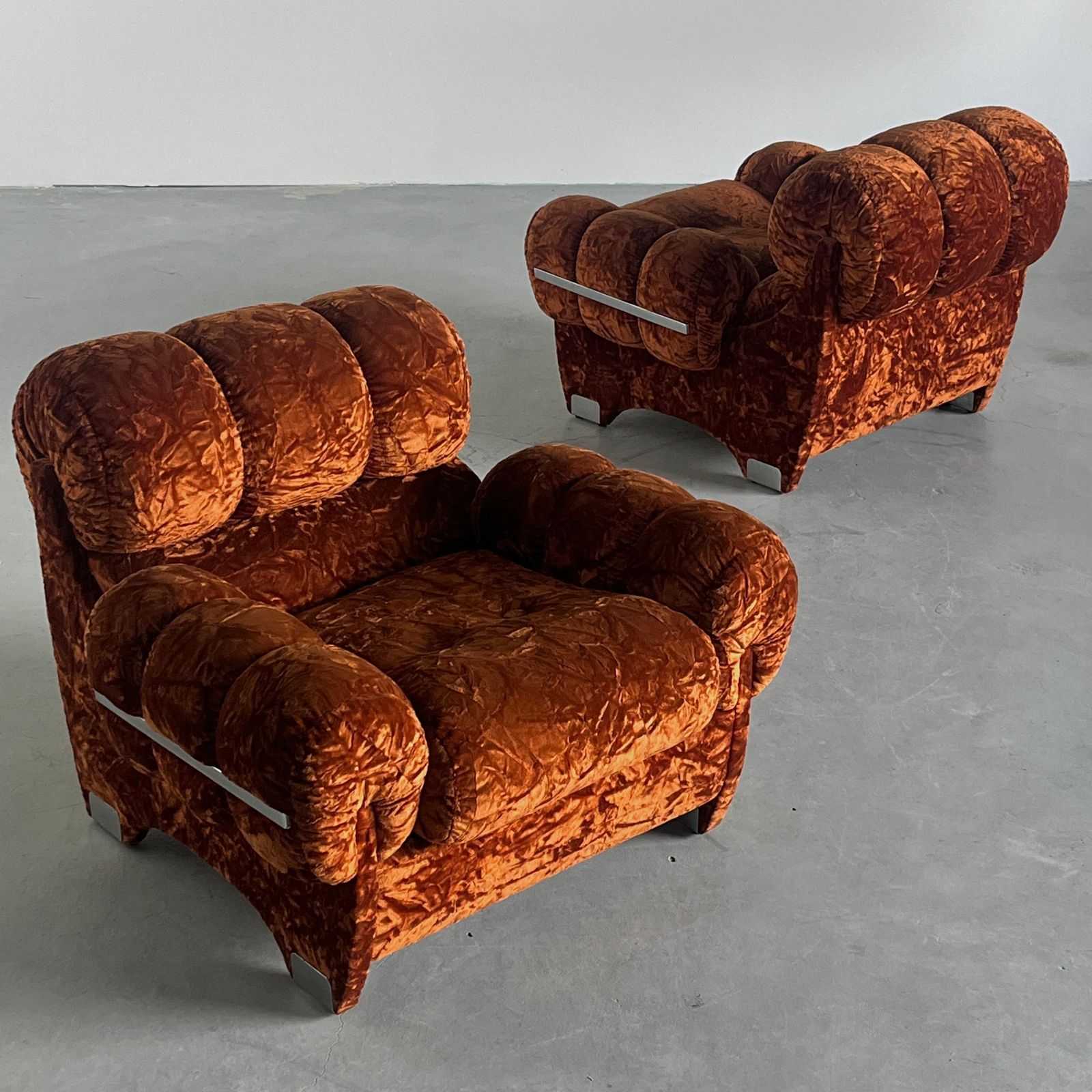 Pair Of Vintage Italian Armchairs In Dark Orange Velvet Upholstery & Steel, 70s photo for sale