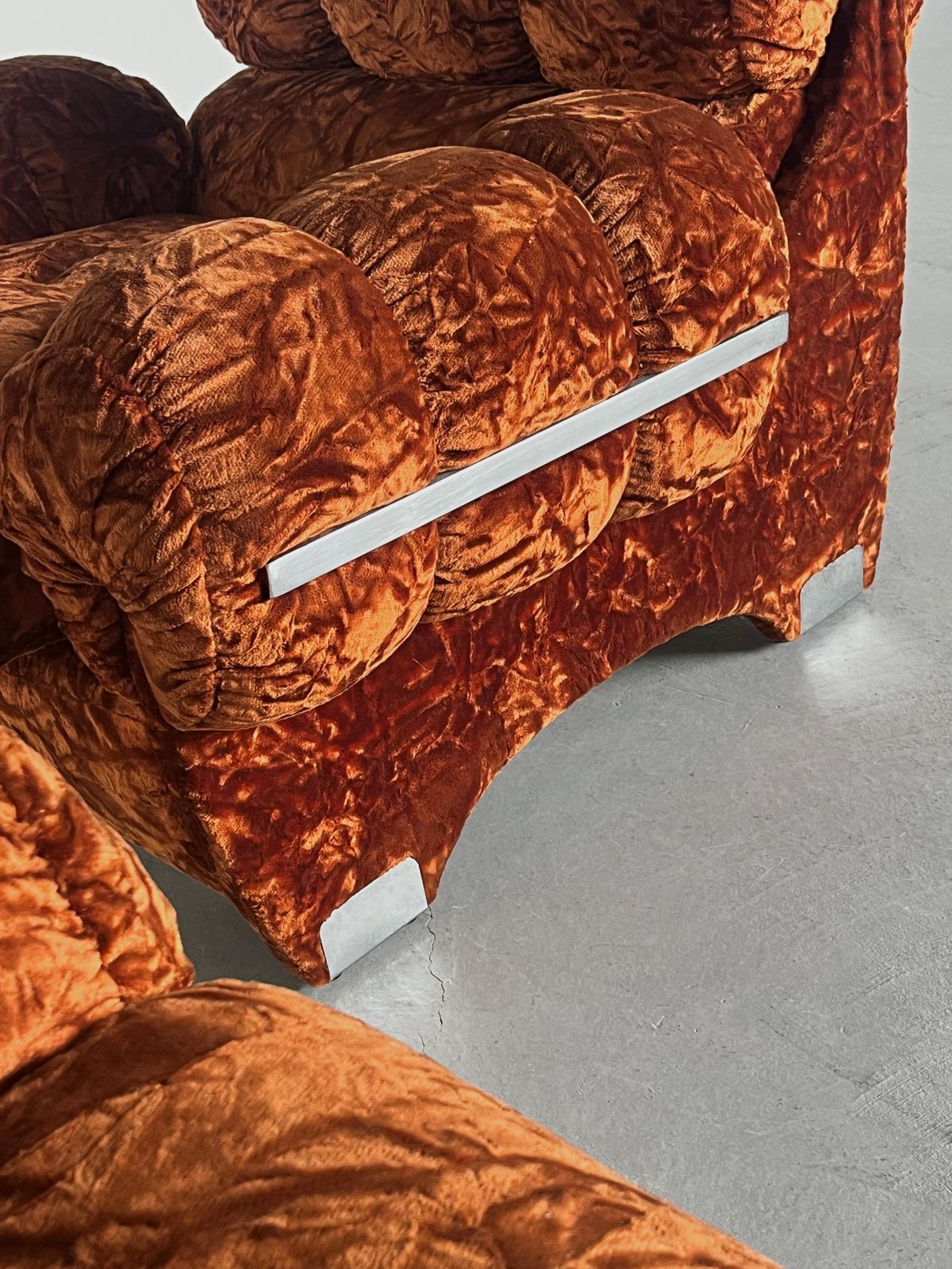 Pair Of Vintage Italian Armchairs In Dark Orange Velvet Upholstery & Steel, 70s photo vintage