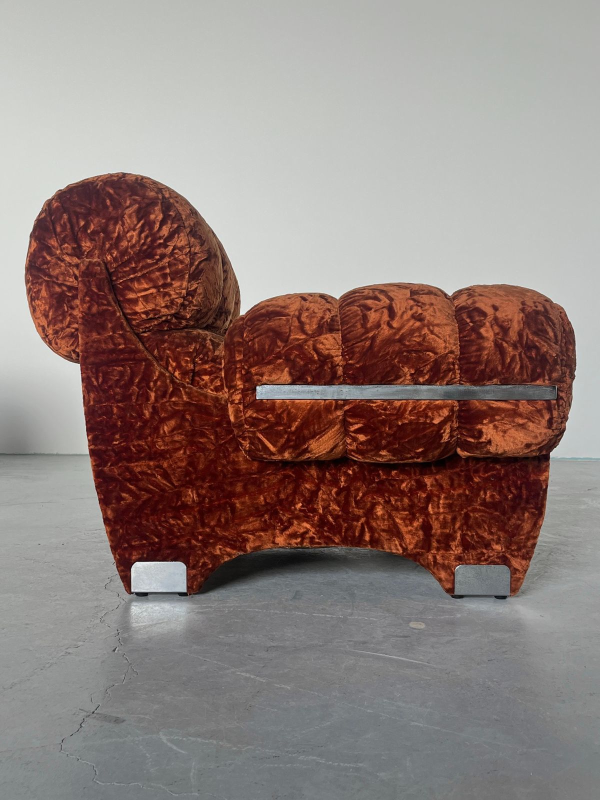 2506.0 Pair Of Vintage Italian Armchairs In Dark Orange Velvet Upholstery & Steel, 70s photo