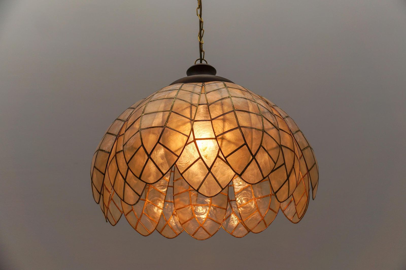 photo for sale Lovely Large Mother Of Pearl Leaf Ceiling Bell Lamp, Italy 1960s