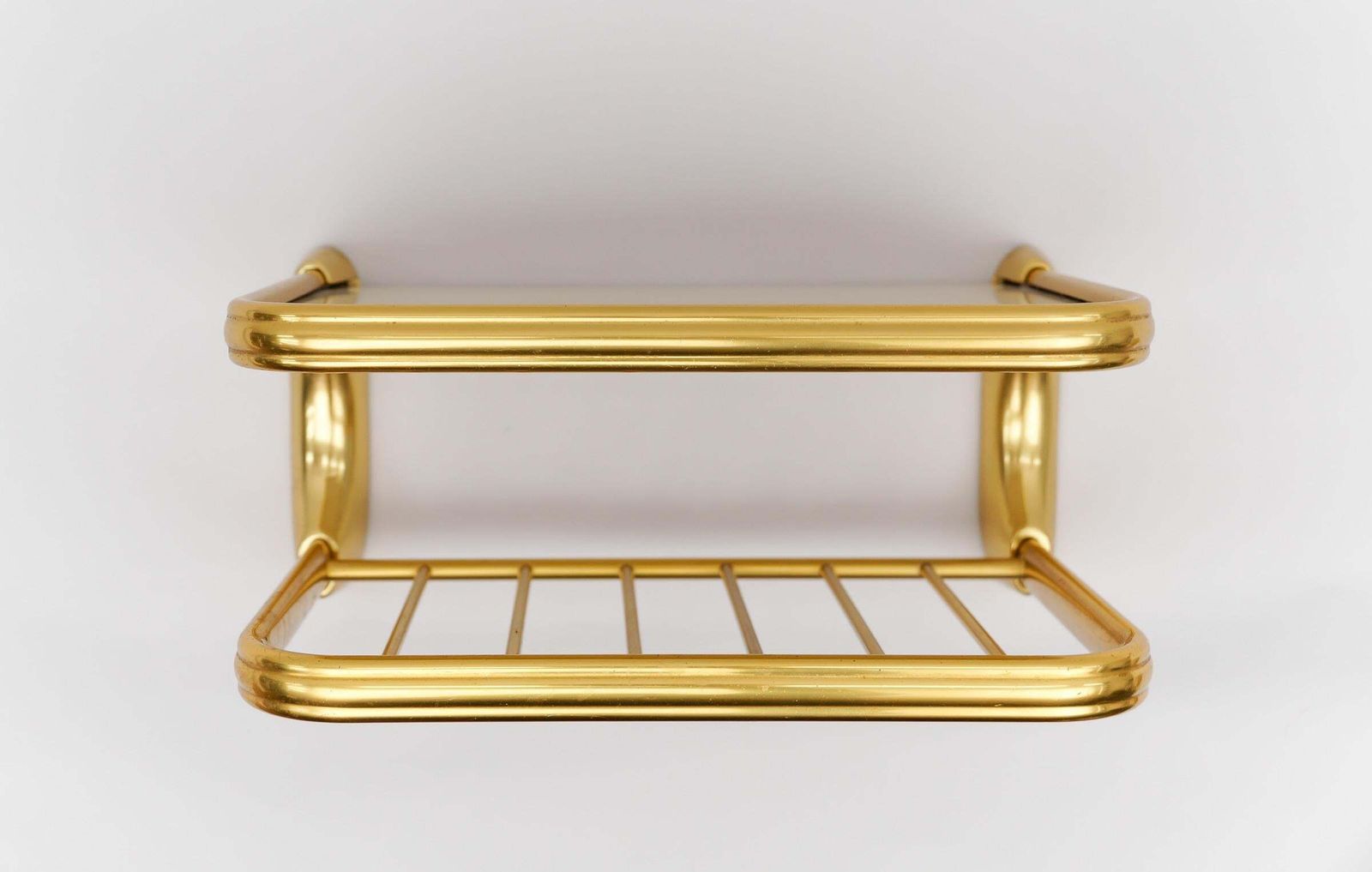 Lovely Brass And Glass Wall Shelf, Mid Century Modern 1950s photo vintage