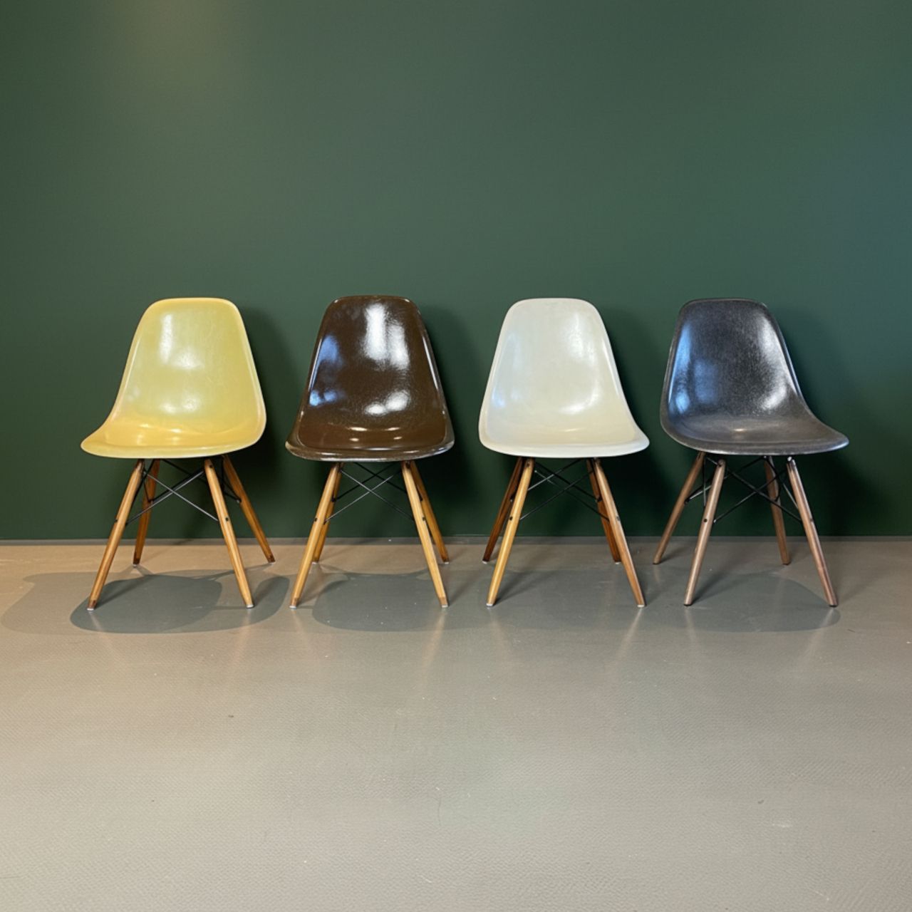 Eames Herman Miller Dsw Side Chairs In Parchment, Seal Brown, Lemon Yellow And Elephant Grey With Slight Imperfections