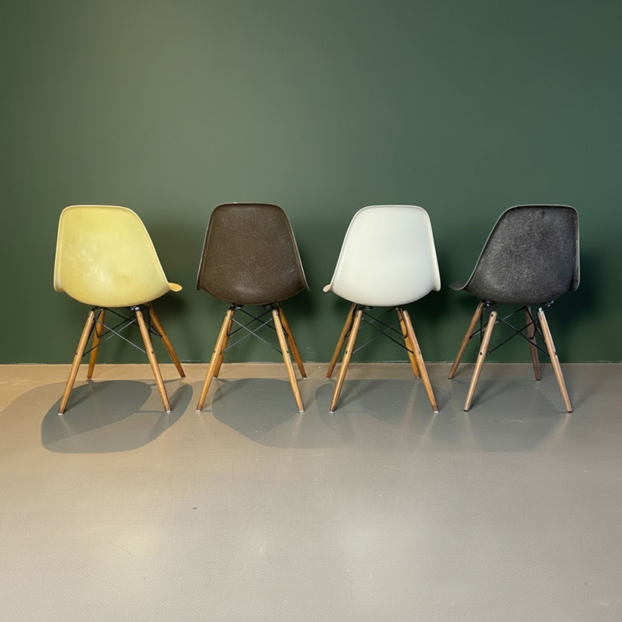 Eames Herman Miller Dsw Side Chairs In Parchment, Seal Brown, Lemon Yellow And Elephant Grey With Slight Imperfections photo for sale