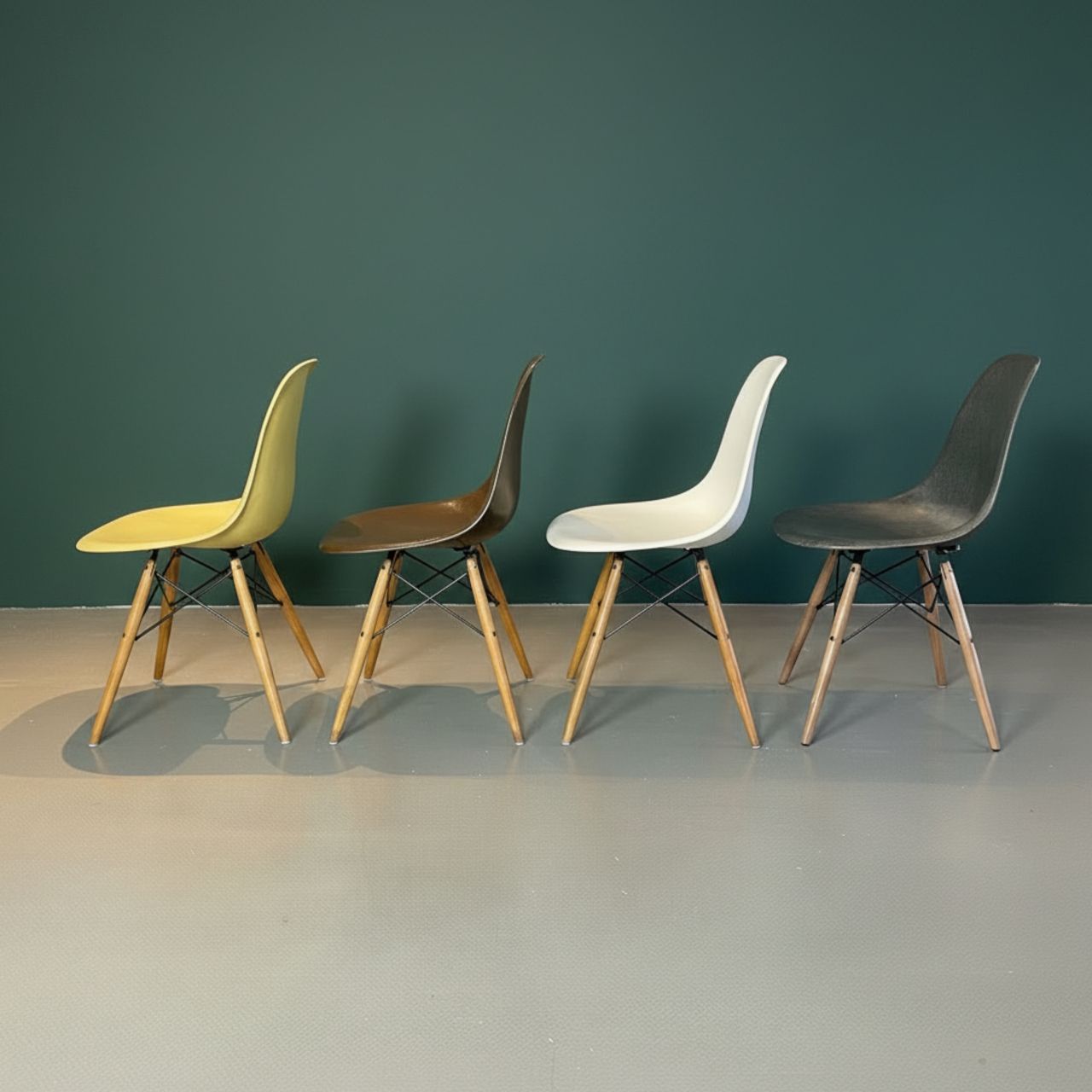 Eames Herman Miller Dsw Side Chairs In Parchment, Seal Brown, Lemon Yellow And Elephant Grey With Slight Imperfections photo Furniture