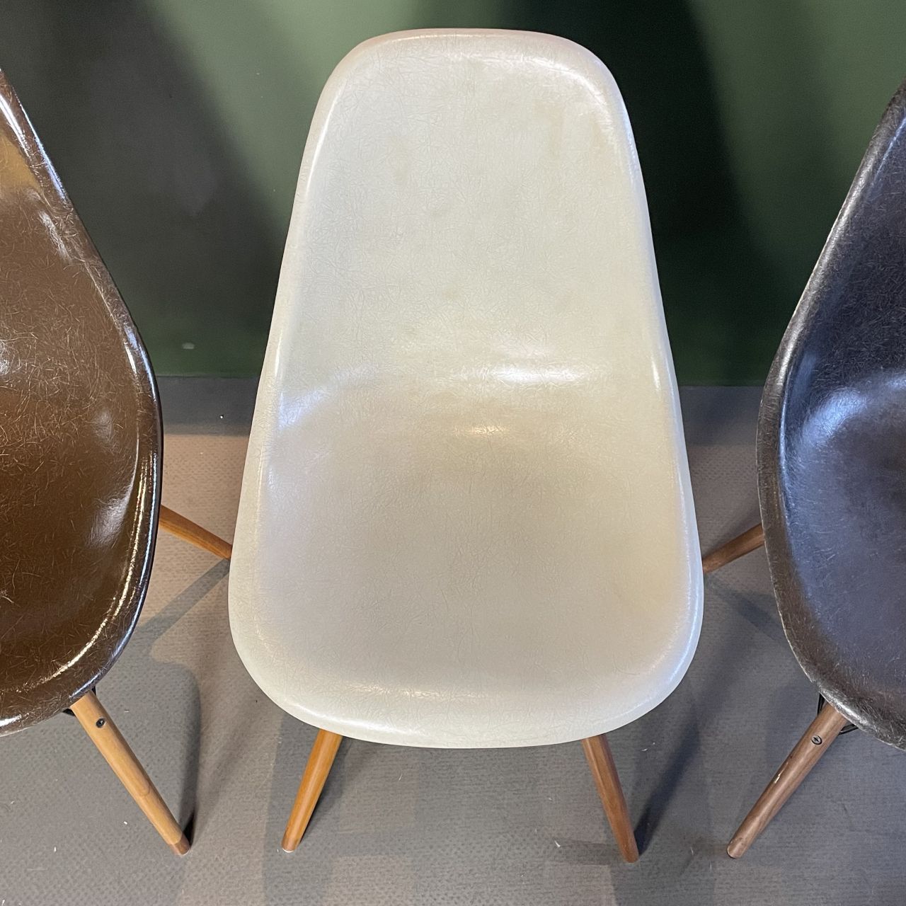 photo for sale Eames Herman Miller Dsw Side Chairs In Parchment, Seal Brown, Lemon Yellow And Elephant Grey With Slight Imperfections