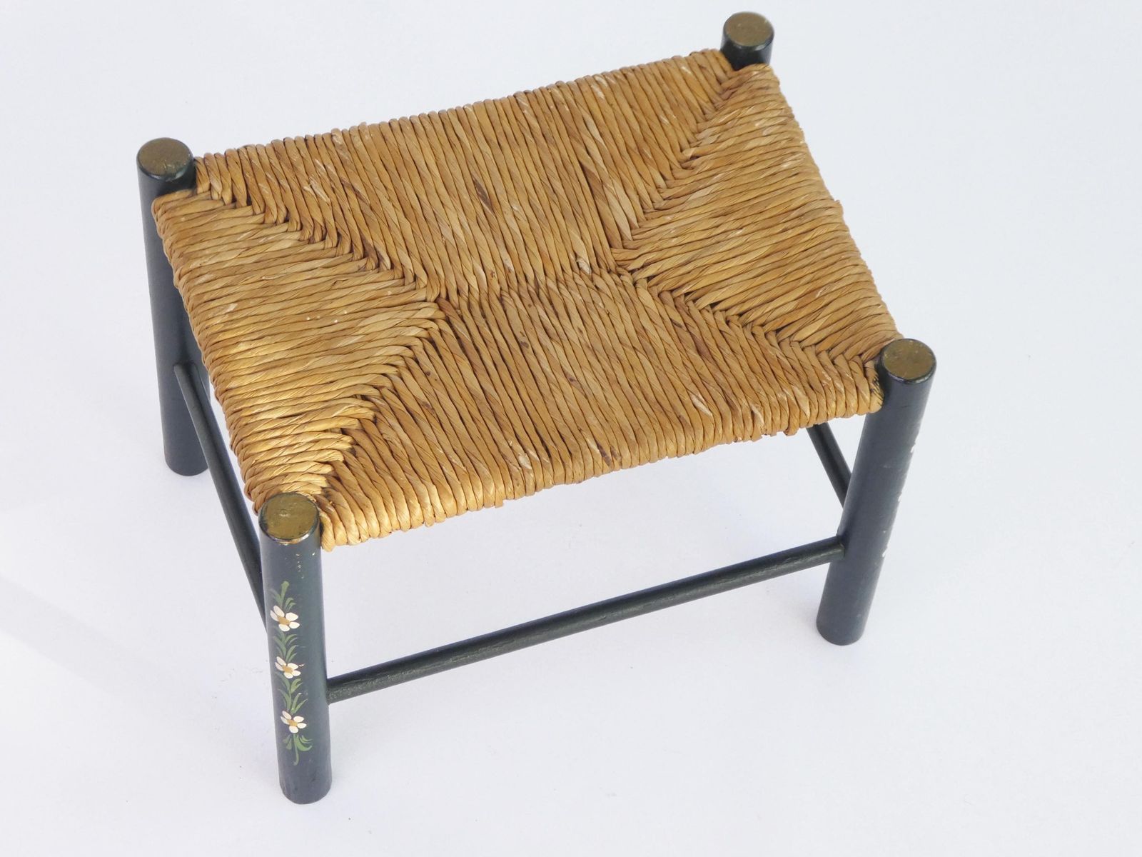 Small Vintage Rectangular Green Wooden Wicker Stool, Hand Painted Dutch Folk Art Plant Stand, Floral Bench photo 131.0