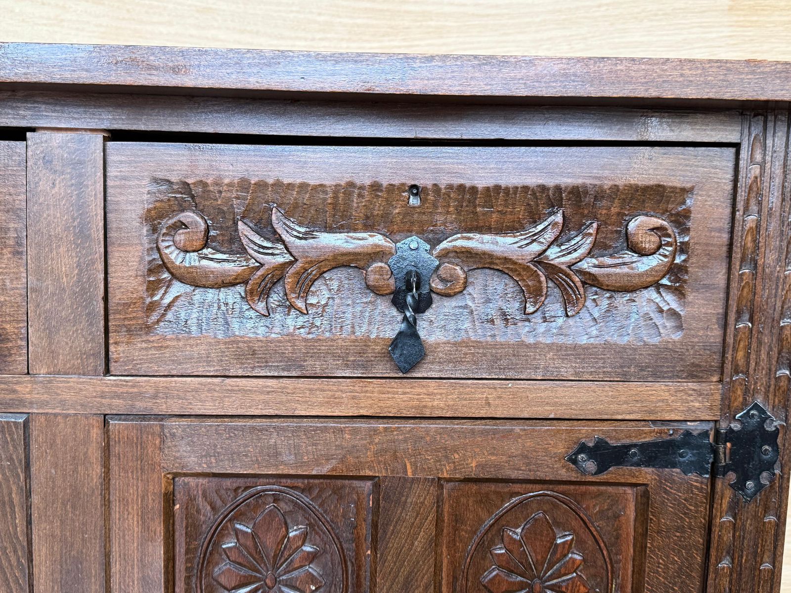 19th Spanish Baroque Carved Walnut Tuscan Three Drawers Credenza Or Buffet photo vintage