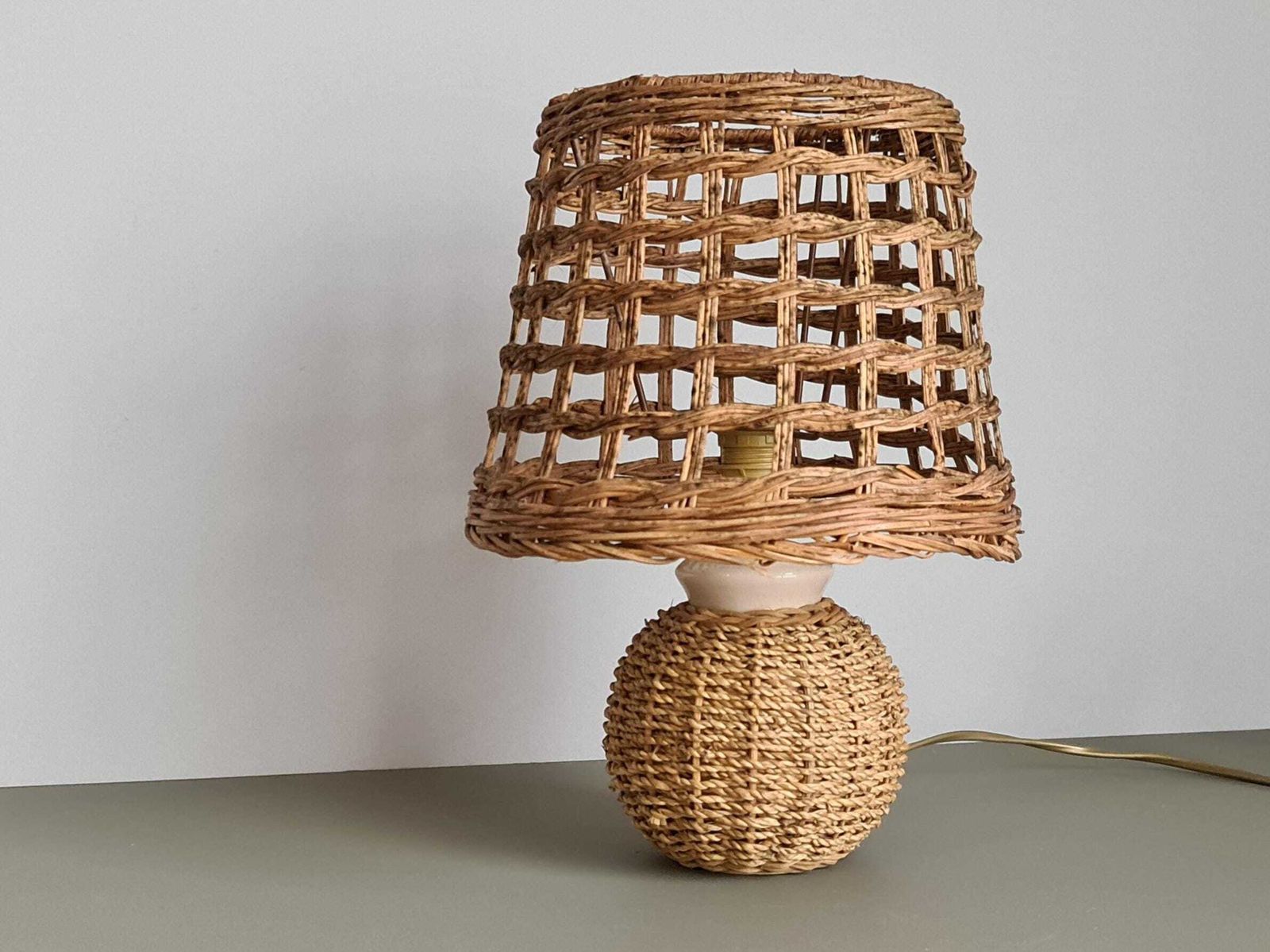 Vintage Wicker And Rattan Lamp – Natural Boho Lamp – Woven Lampshade – 1970s Wabi Sabi Decor – Mid Century photo furniture