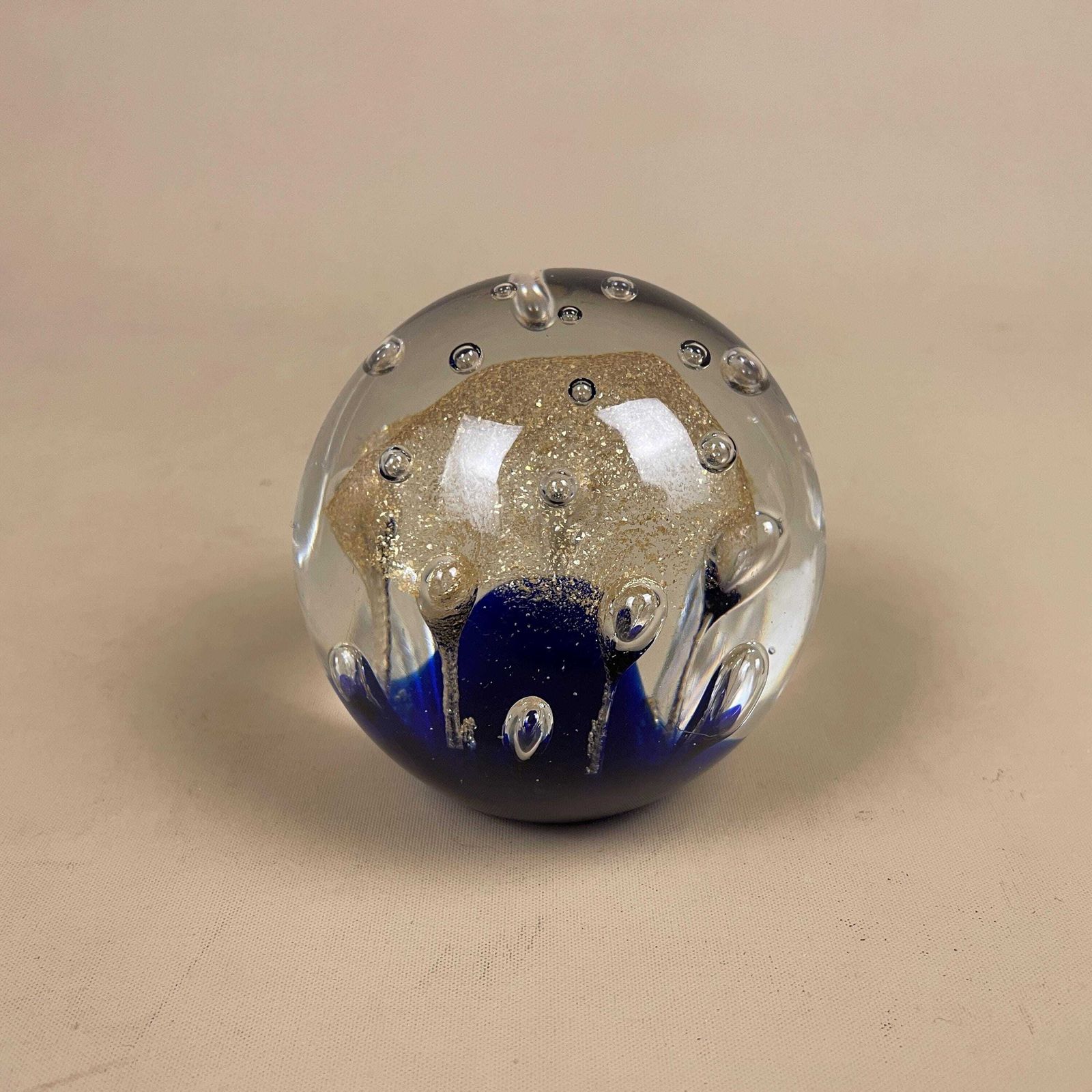 Art Glass Paperweight Blue Gold Bubble Hand Blown Mid Century Studio Glass Decorative Desk Object Display Round 8cm photo furniture