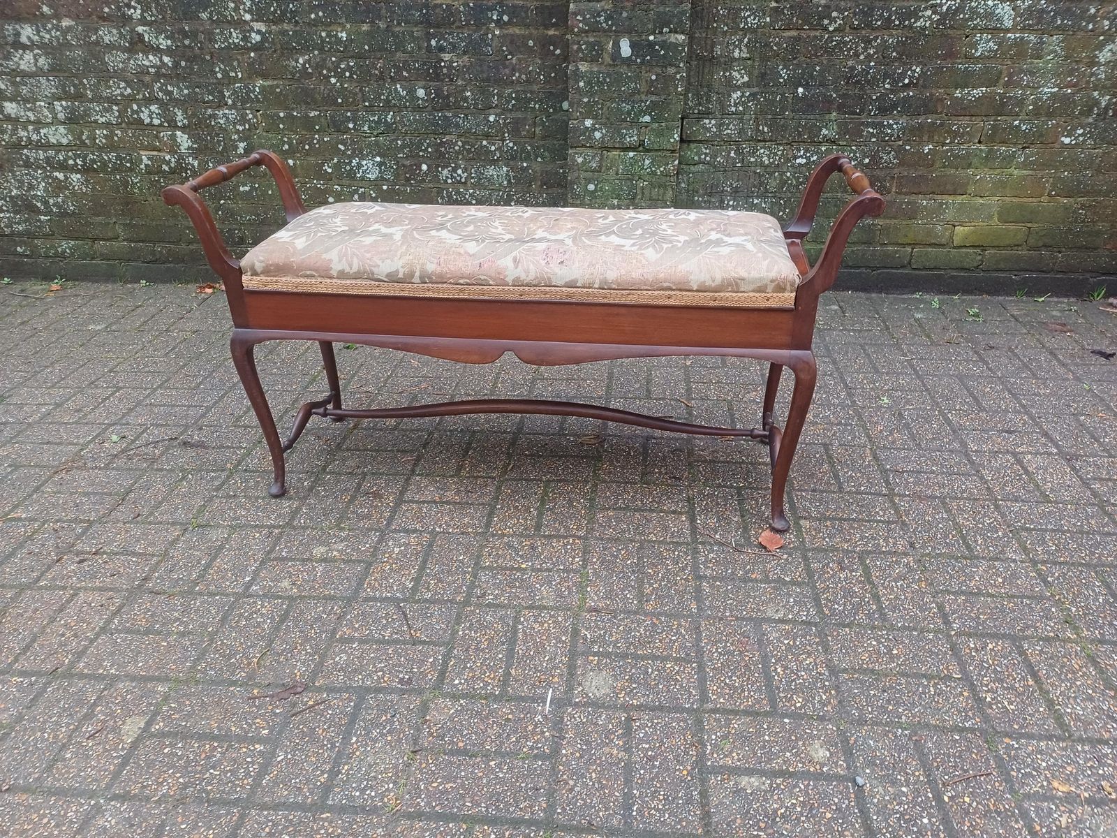 Antique Mahogany Piano Stool / Window Seat Bench With Storage Lid By W J Mansell London – Original Damask Upholstery