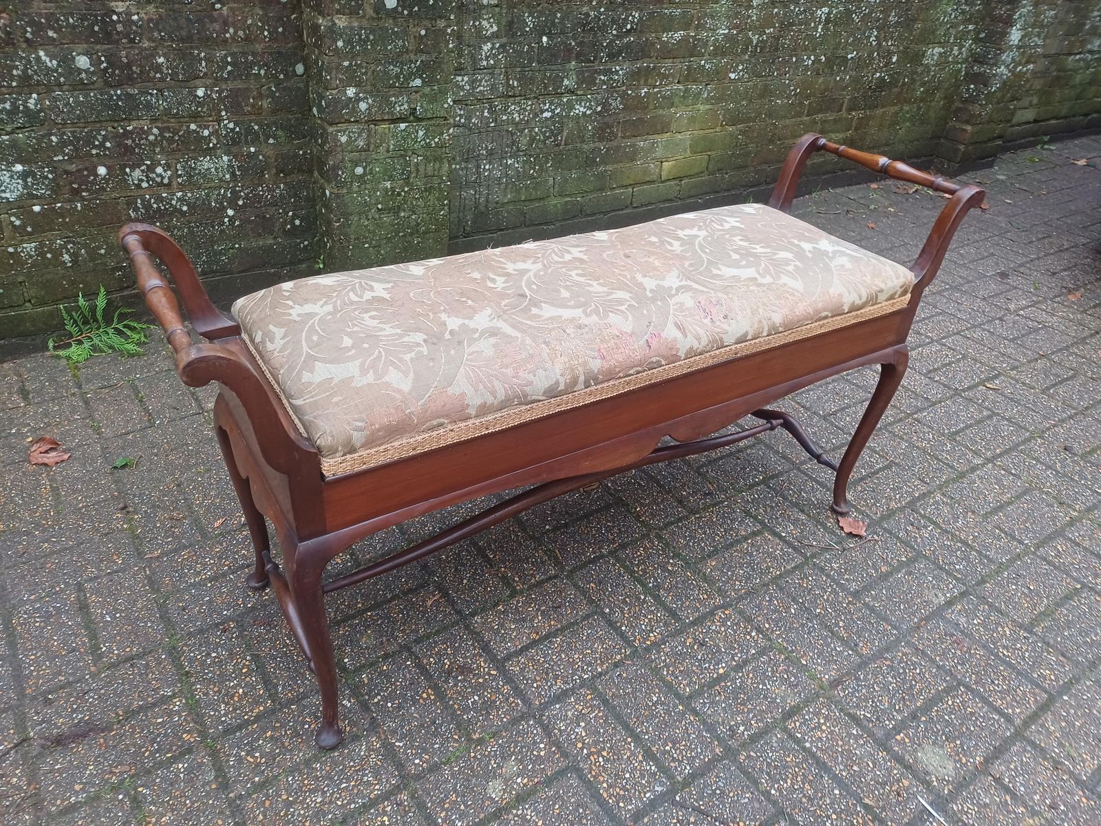 Antique Mahogany Piano Stool / Window Seat Bench With Storage Lid By W J Mansell London – Original Damask Upholstery photo for sale