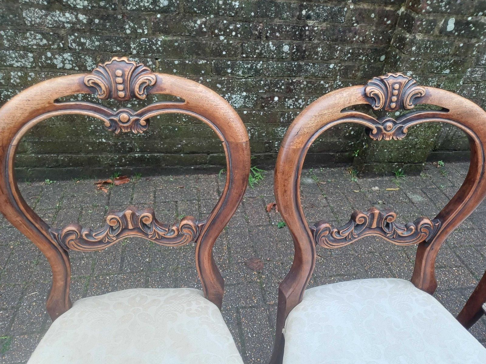 Set Of 4 Antique Mahogany Carved Dining Chairs, Upholstered Carved Backs, Vintage Louis Revival Style, Cream Floral Seats photo furniture