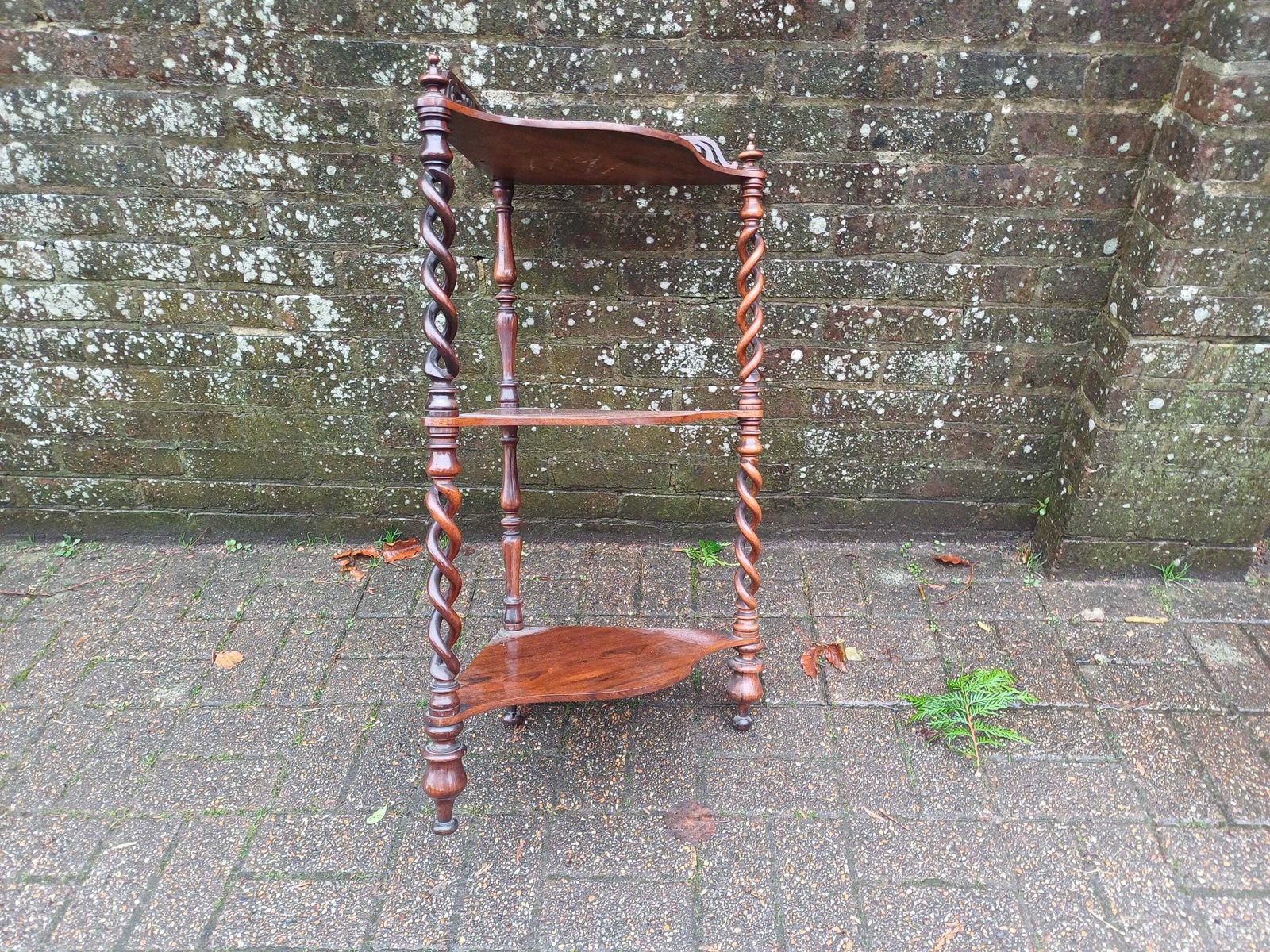 photo buy Stunning High Quality Antique Victorian Rosewood Corner Wot Not Shelf Stand Twisted Barley Twist Columns, Fretwork Back