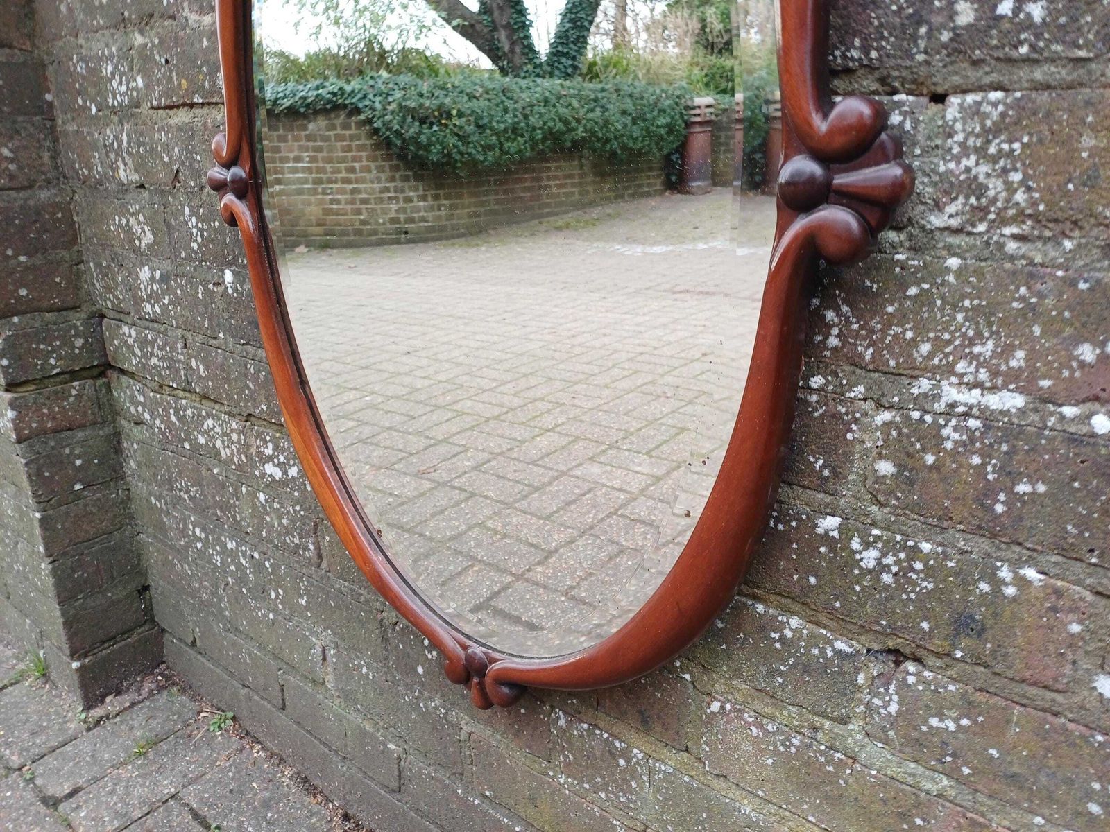 photo for sale Large Unusual Late Victorian Mahogany Oval Wall Mirror Carved Frame, Wide Bevelled Glass, Elegant Antique Statement Piece