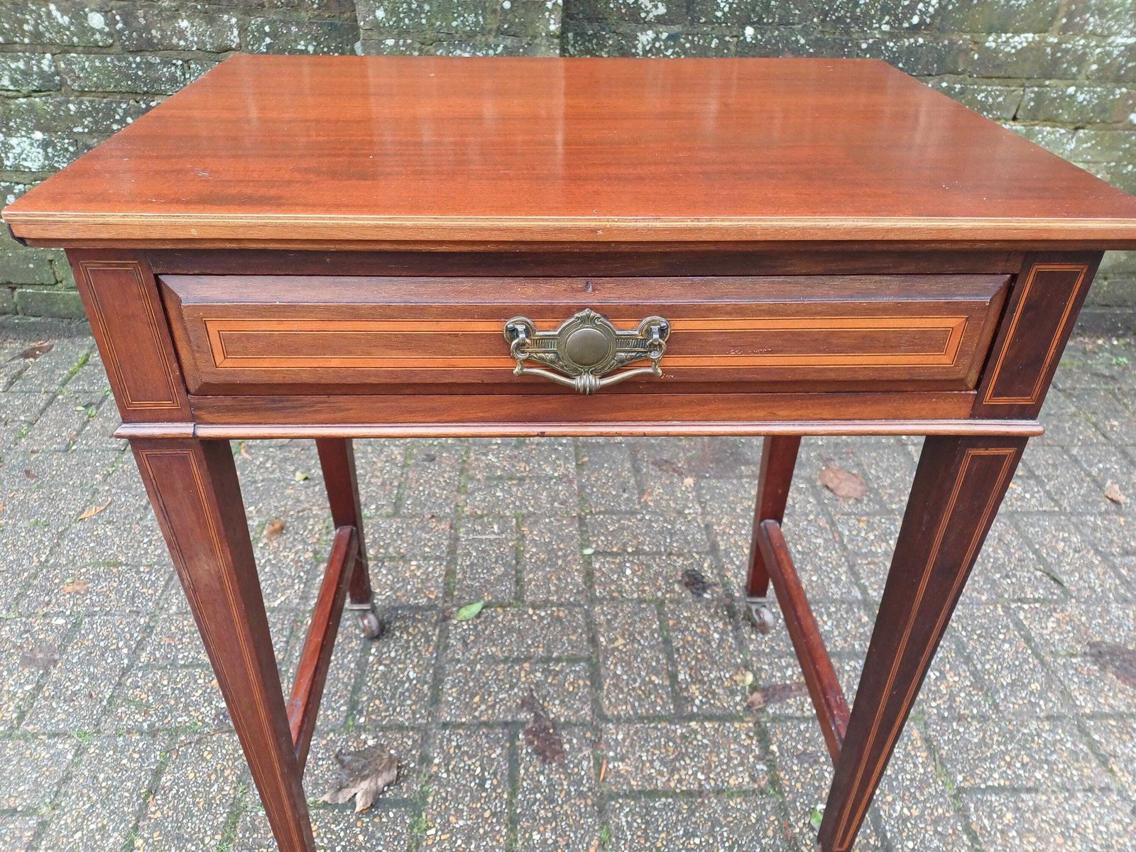 Victorian Mahogany Side Table Desk Dressing Table Brass Handle Drawer Inlaid Detailing Antique Occasional Hall Table photo furniture