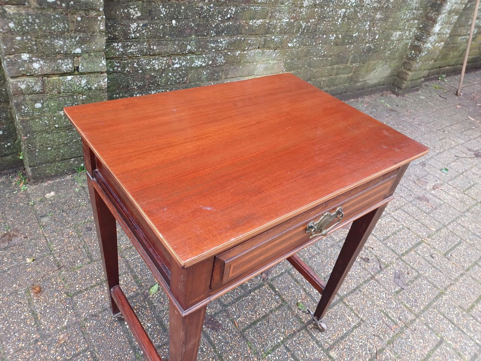 Victorian Mahogany Side Table Desk Dressing Table Brass Handle Drawer Inlaid Detailing Antique Occasional Hall Table photo Furniture