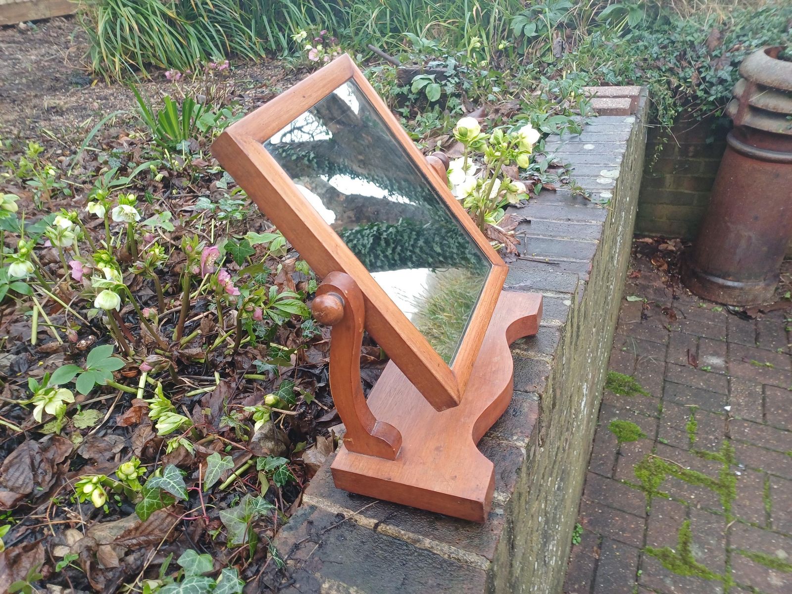 Late Victorian Dressing Table Mirror Antique Swing Shaving Mirror Polished Stripped Wood Tilt Adjustable Vanity Mirror Bun Feet photo 175.0