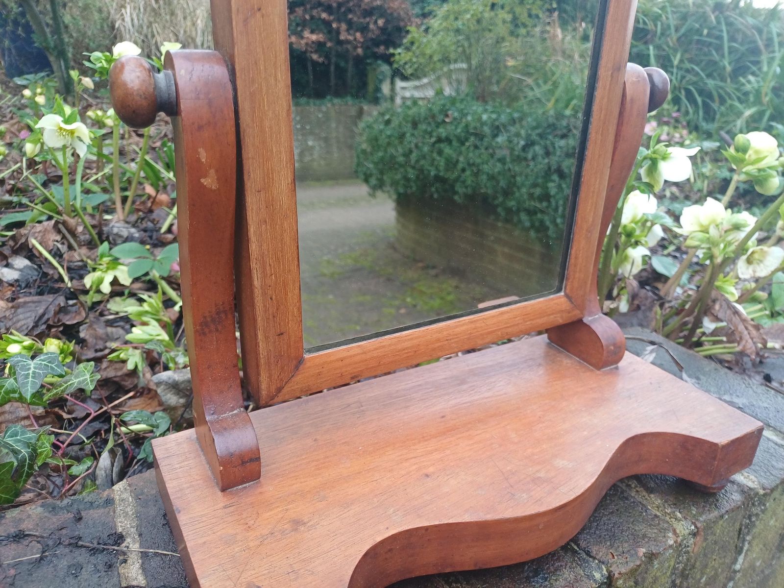 Late Victorian Dressing Table Mirror Antique Swing Shaving Mirror Polished Stripped Wood Tilt Adjustable Vanity Mirror Bun Feet photo vintage