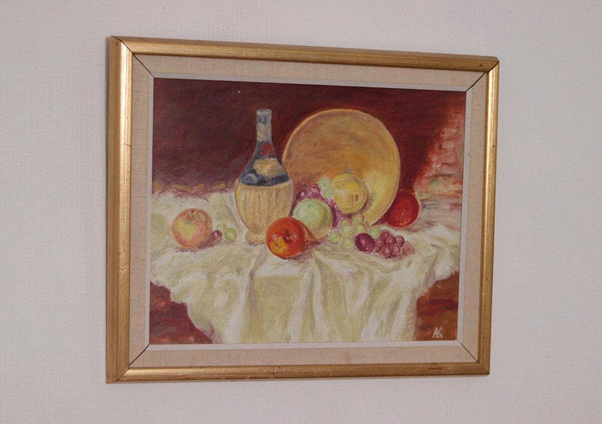 Original Swedish Oil On Canvas – “Still Life With Fruit And Bottle” By A.K. – Vintage & Framed – 40 × 48 Cm (15.7" × 18.9") photo vintage