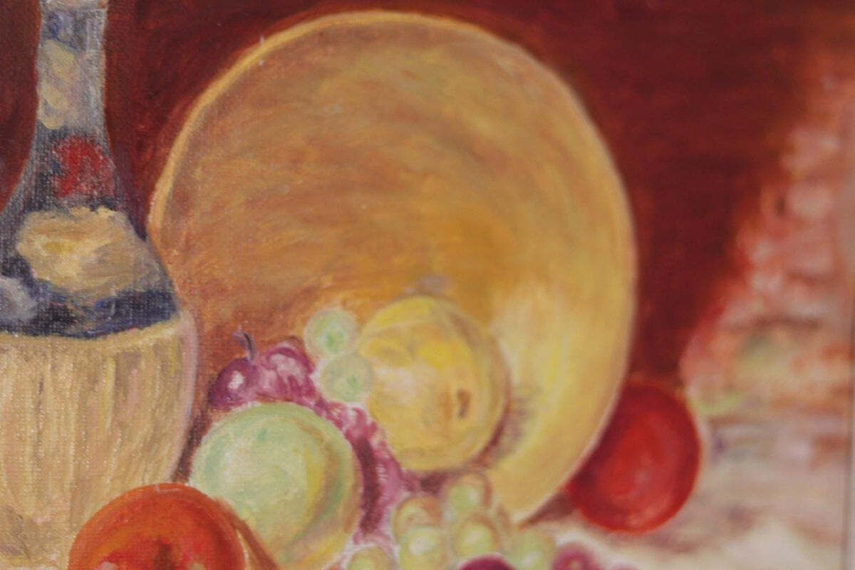 photo vintage Original Swedish Oil On Canvas – “Still Life With Fruit And Bottle” By A.K. – Vintage & Framed – 40 × 48 Cm (15.7" × 18.9")