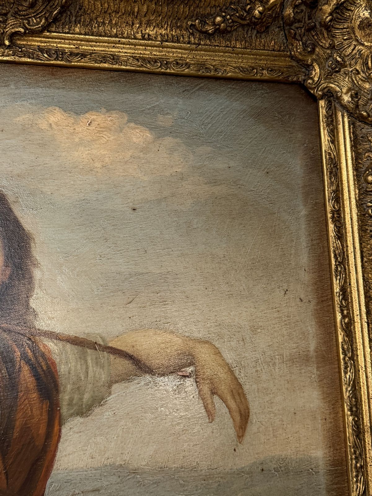 photo vintage Large Gilt Framed Oil On Canvas Of A Girl In Countryside With Heavy Gilt Frame