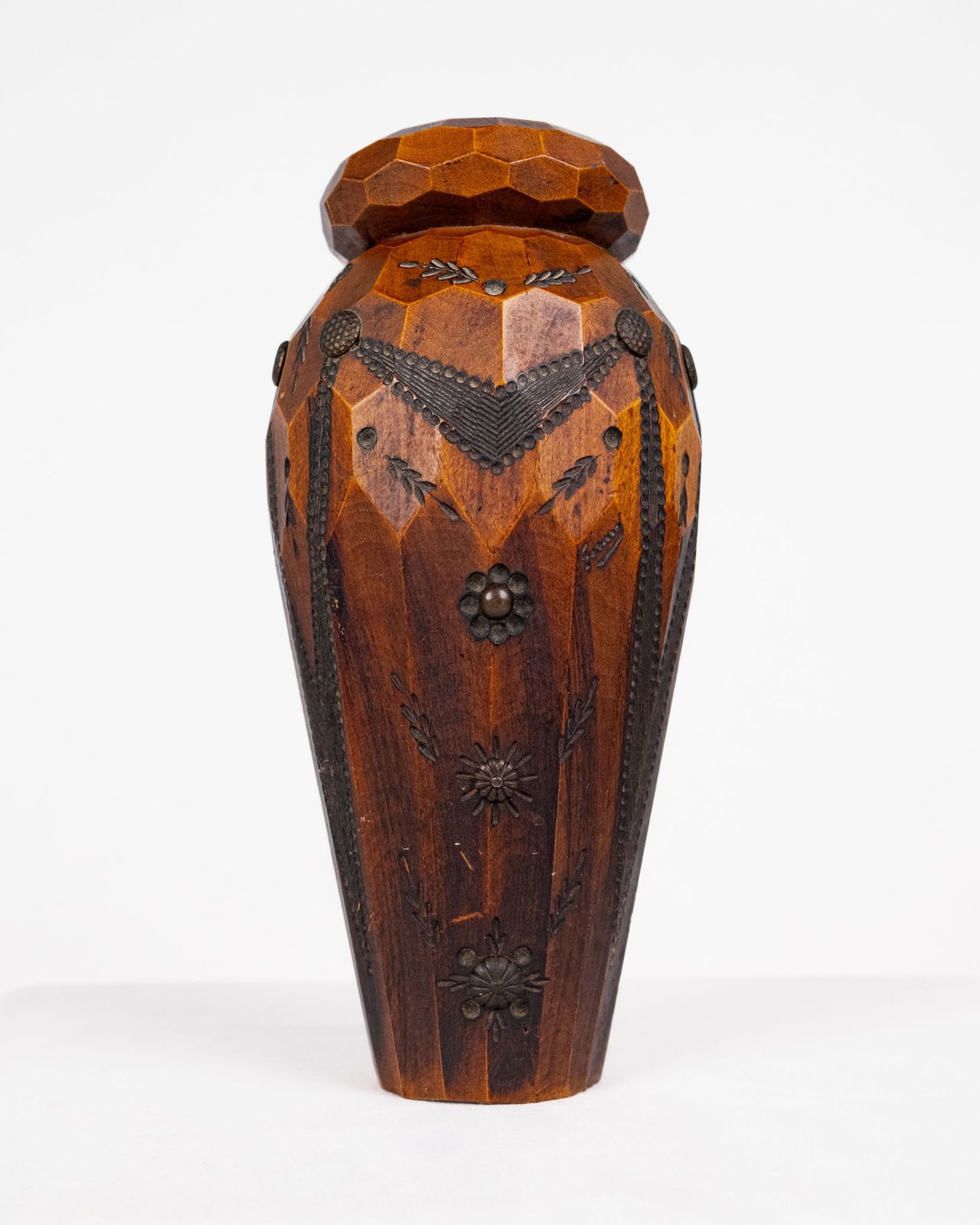 Carved Wood And Brass Accents Vase, Bretagne, France, 1960s photo for sale