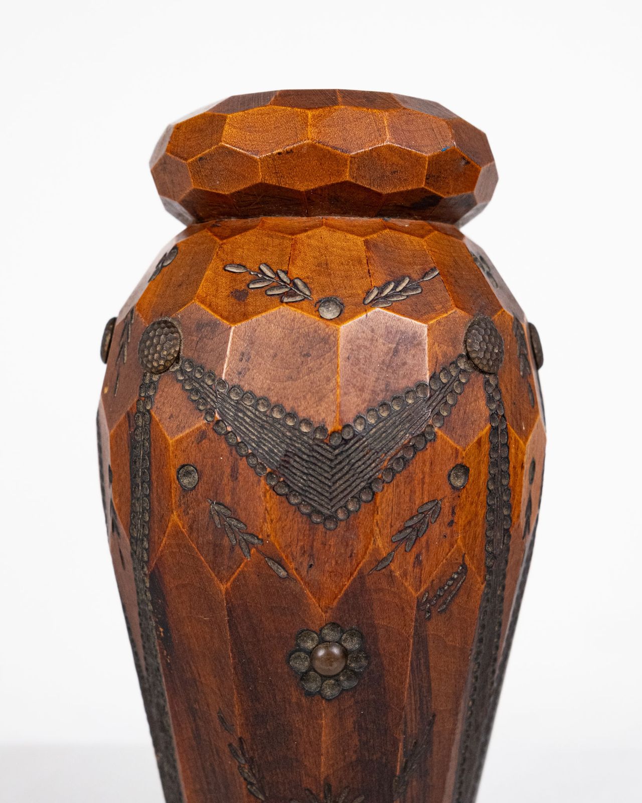 Carved Wood And Brass Accents Vase, Bretagne, France, 1960s photo Home Decor