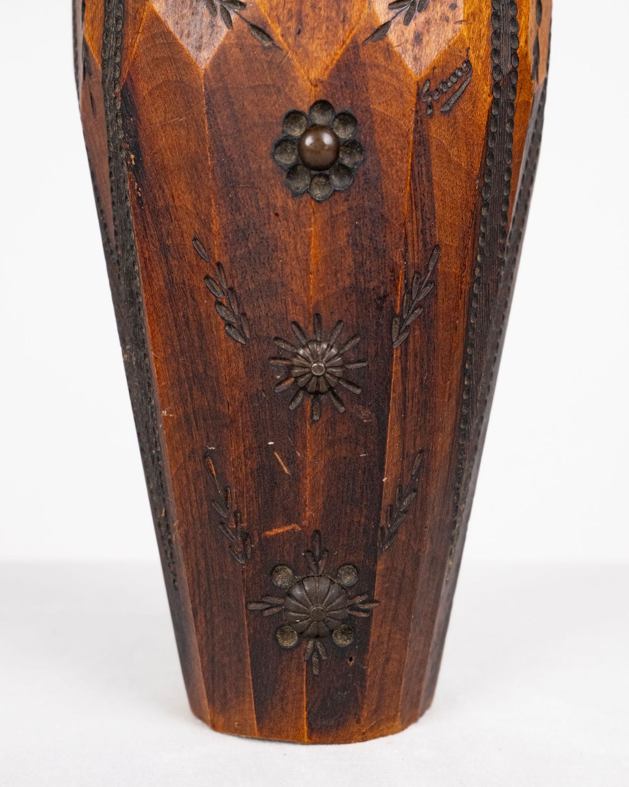 Carved Wood And Brass Accents Vase, Bretagne, France, 1960s photo vintage