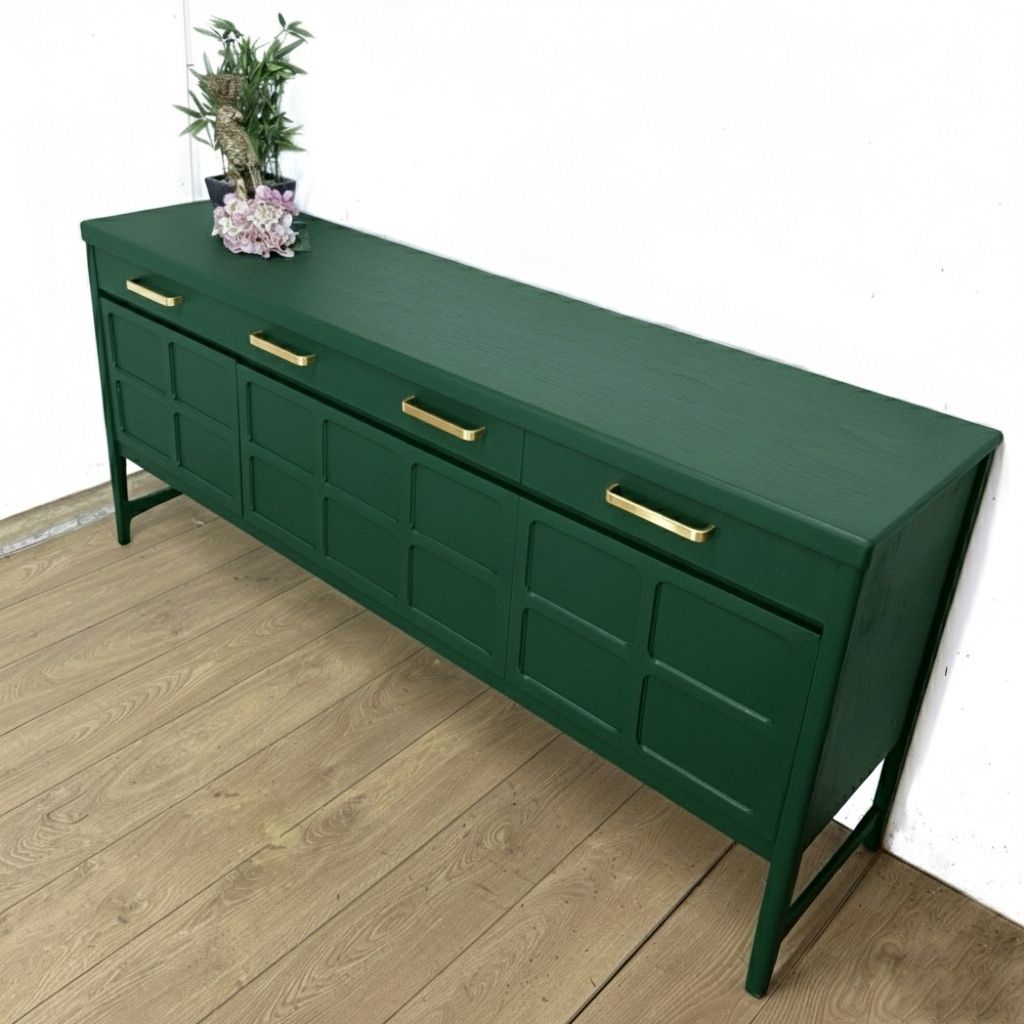 Painted To Order Large Refinished Nathan Sideboard With Drinks Section, Deep Green, Mid Century Modern photo 1425.0