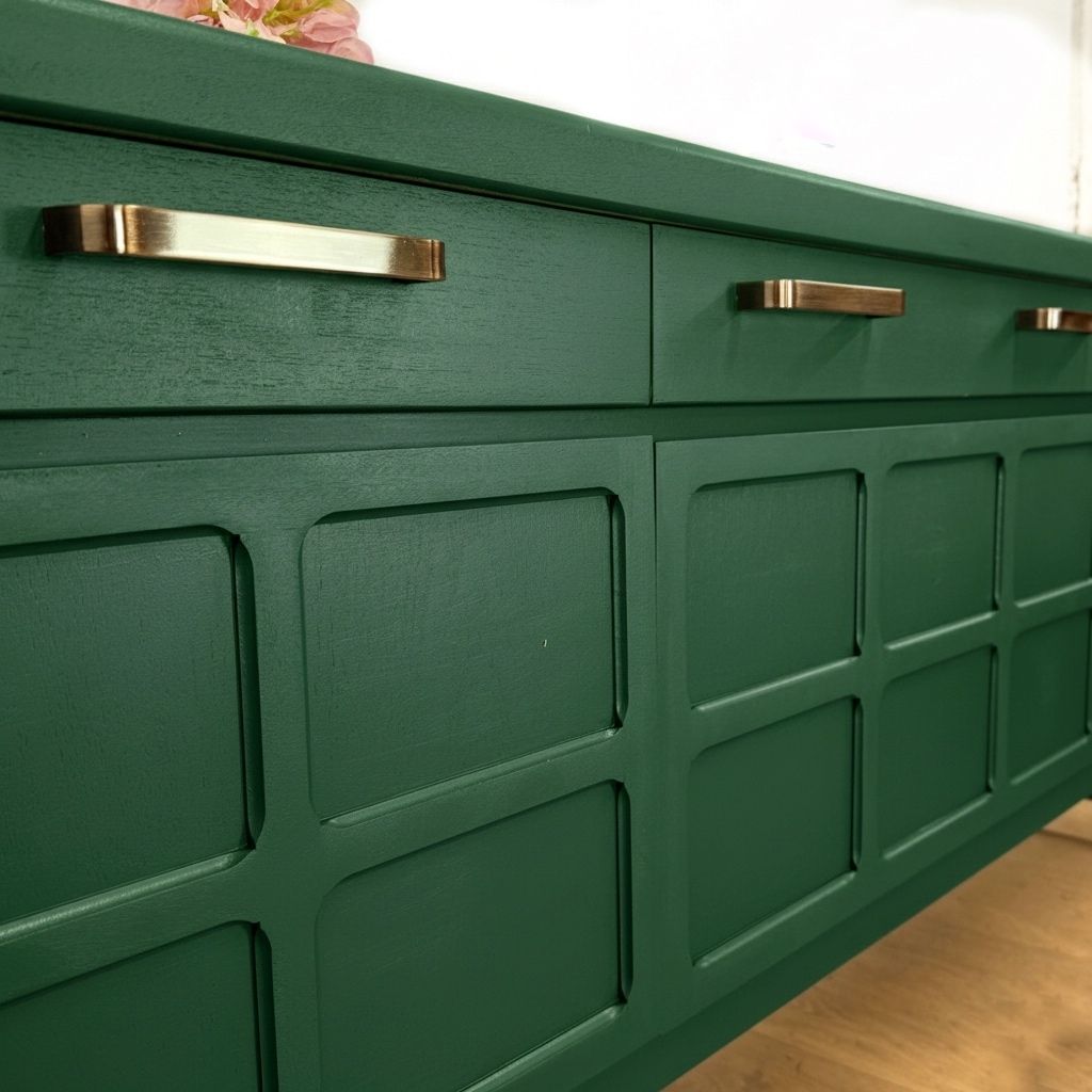 Painted To Order Large Refinished Nathan Sideboard With Drinks Section, Deep Green, Mid Century Modern photo buy
