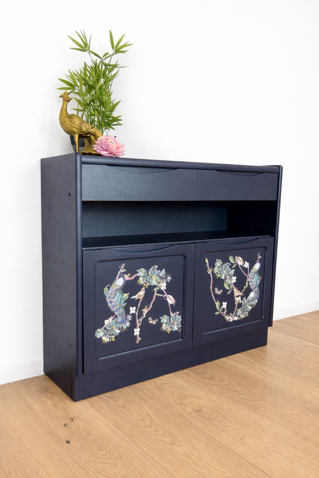 Rare Refinished Slimline Nathan Sideboard In Navy Blue With Floral Bird / Peacock Design, Narrow photo vintage