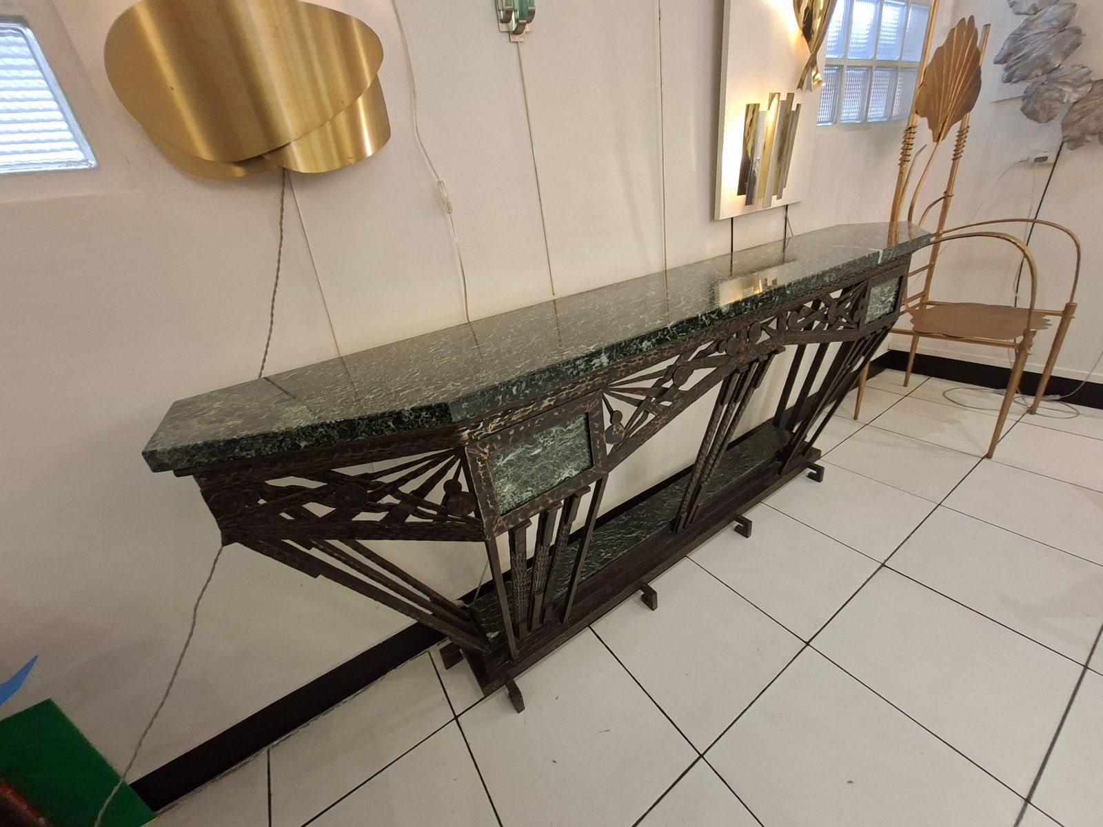 Art Déco Console In Wrought Iron And Green Campan Marble Top photo for sale