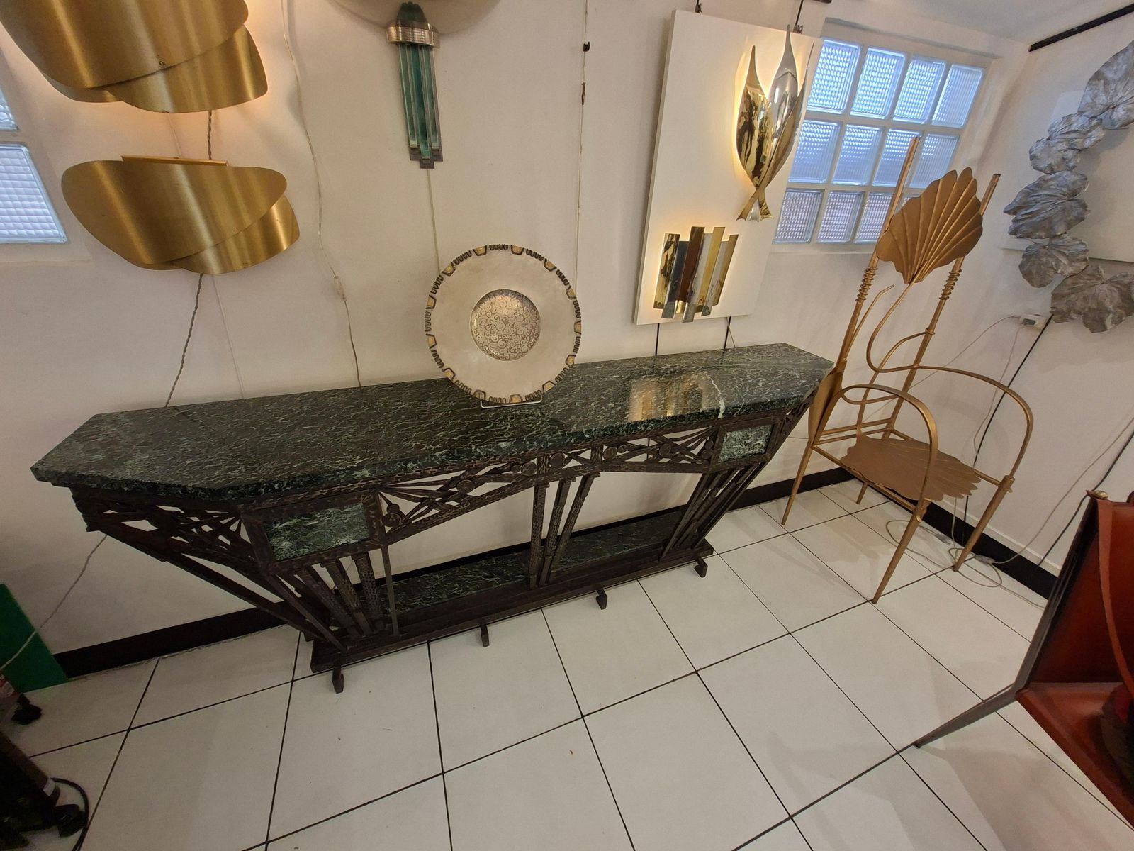 Art Déco Console In Wrought Iron And Green Campan Marble Top photo buy