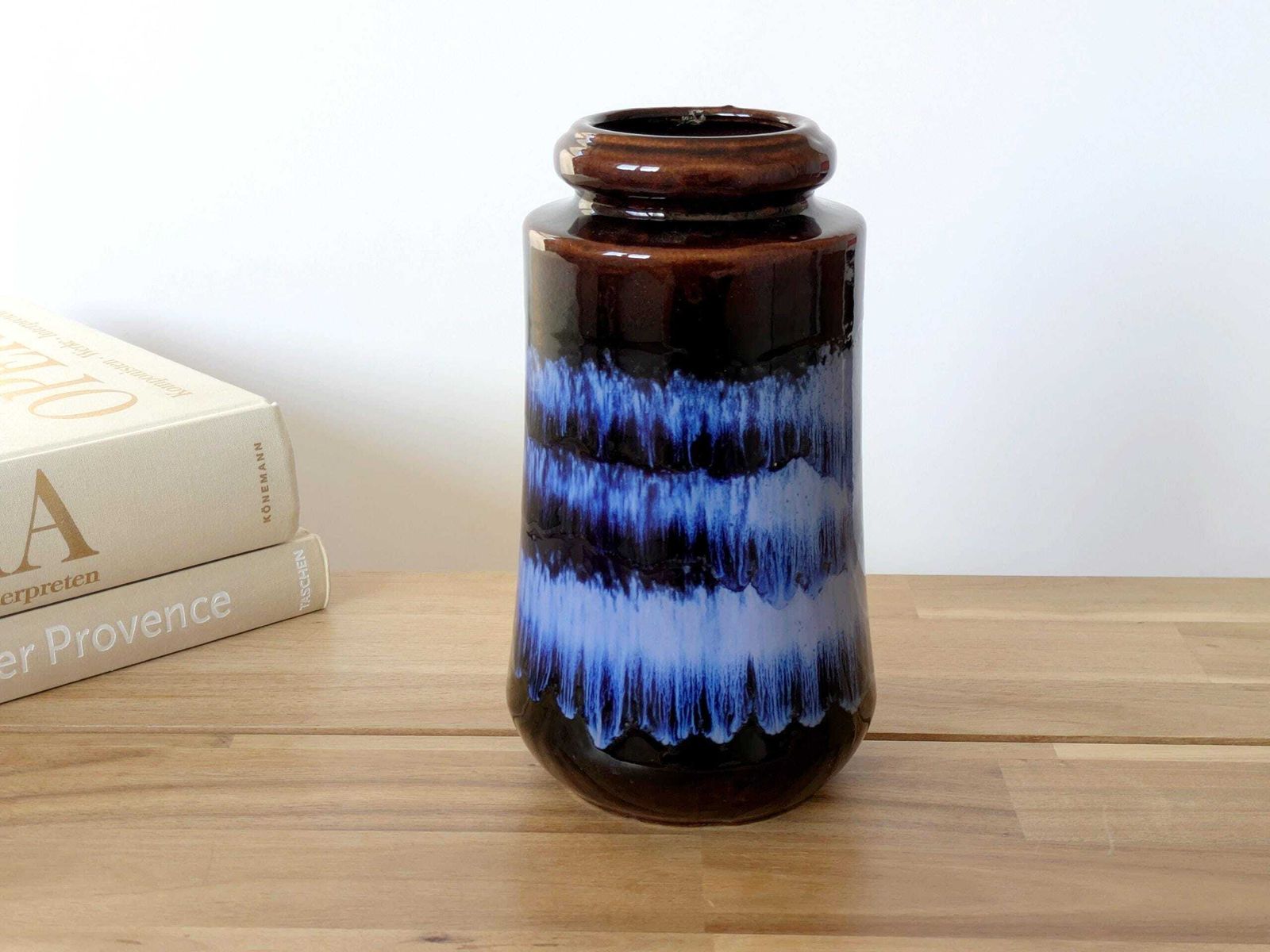 Midcentury Scheurich 249/21, West Germany Tall Ceramic Vase, Chocolate Brown Blue Drip Glaze photo furniture